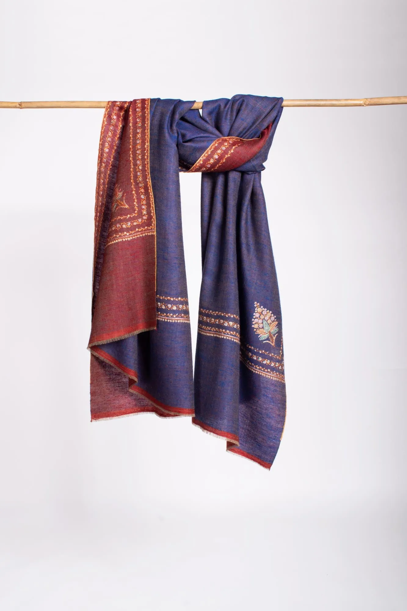 Blue Maroon Dorukha Hashia Pashmina Wrap - JASPER