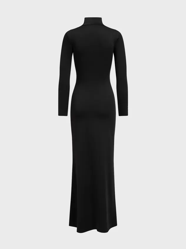 Body Print Stand Collar Plain Long Sleeve Maxi Dress