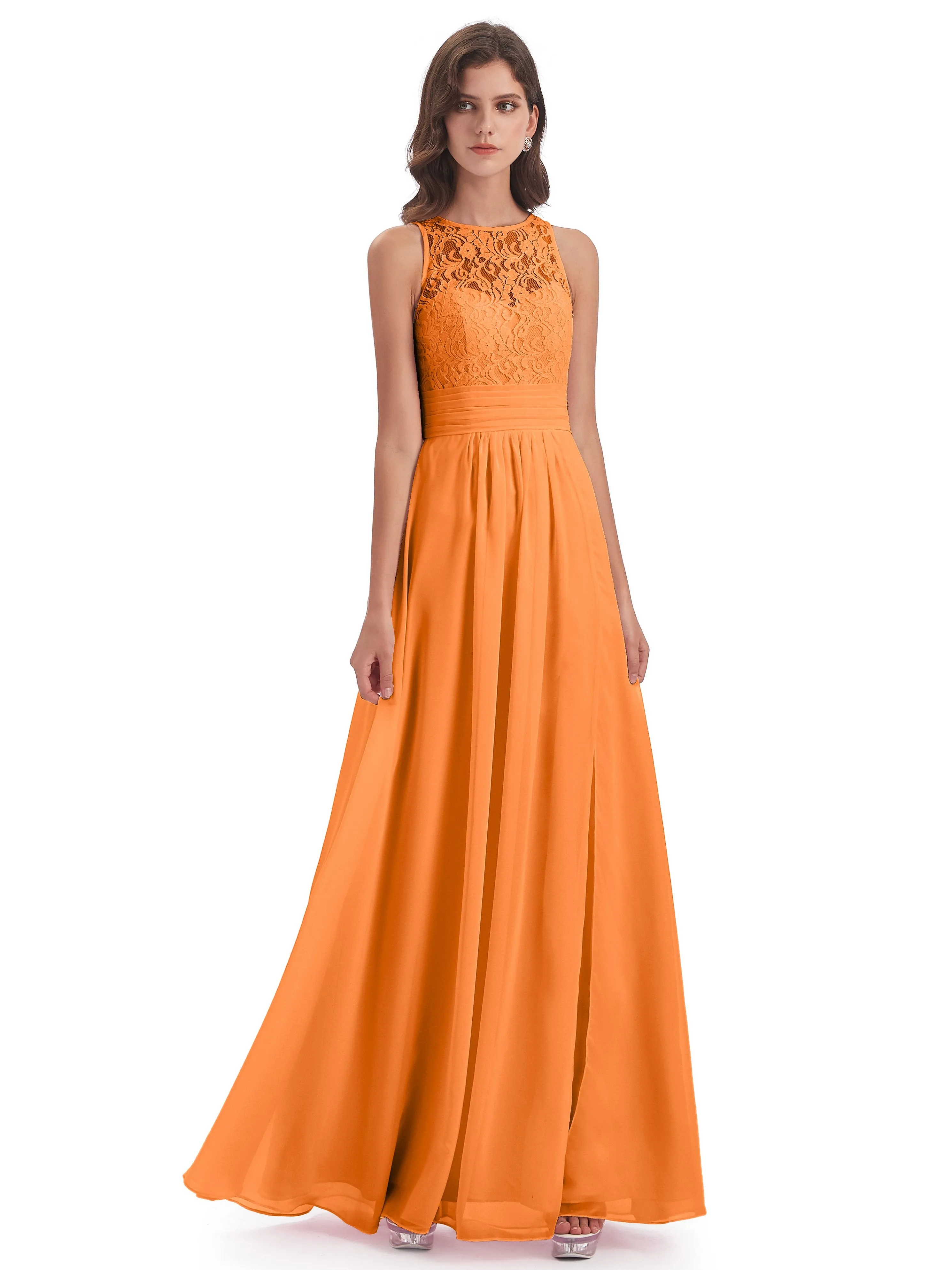 Bonnie Lace/Chiffon Sheath Keyhole Long Bridesmaid Dresses