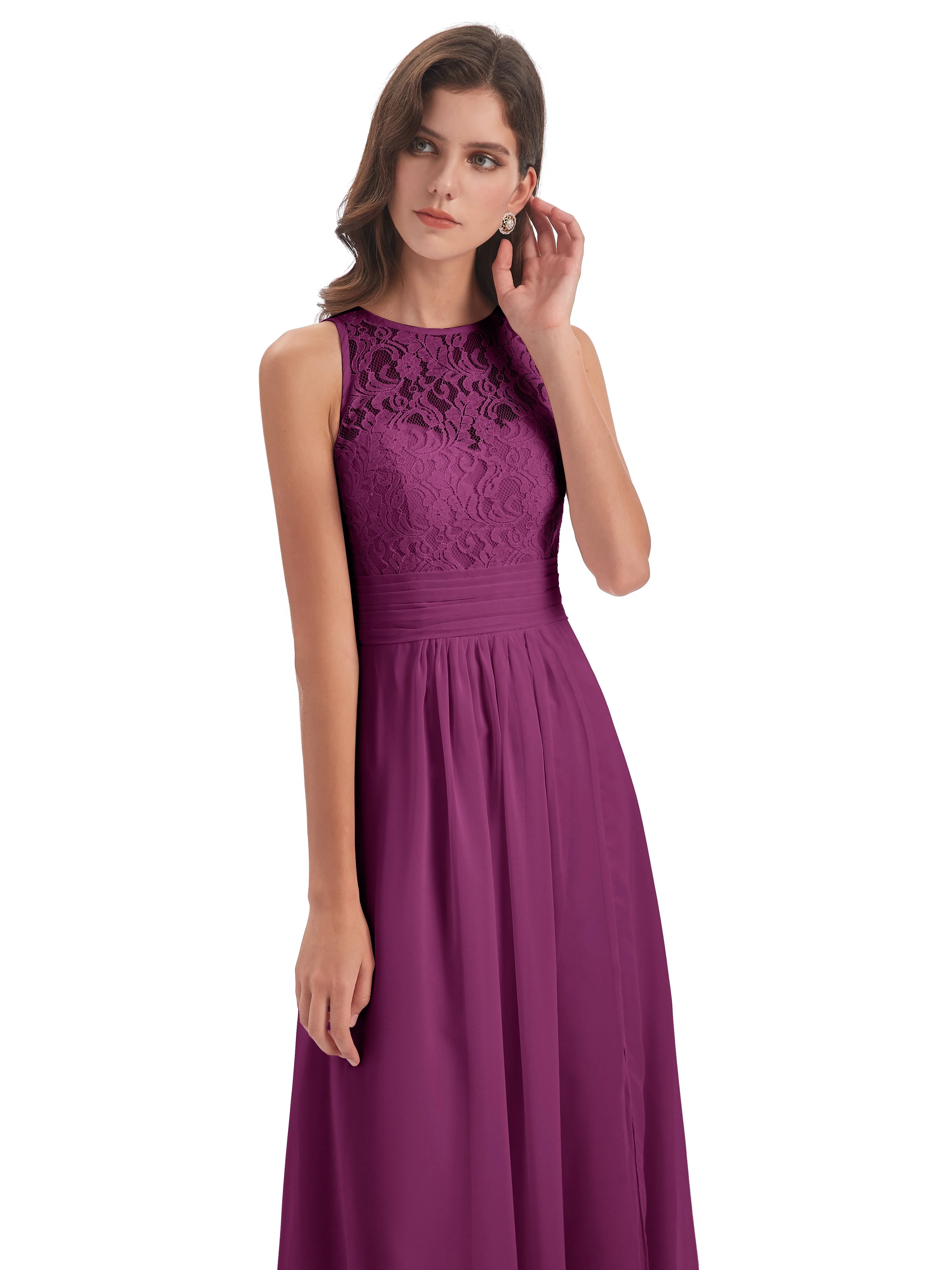 Bonnie Lace/Chiffon Sheath Keyhole Long Bridesmaid Dresses