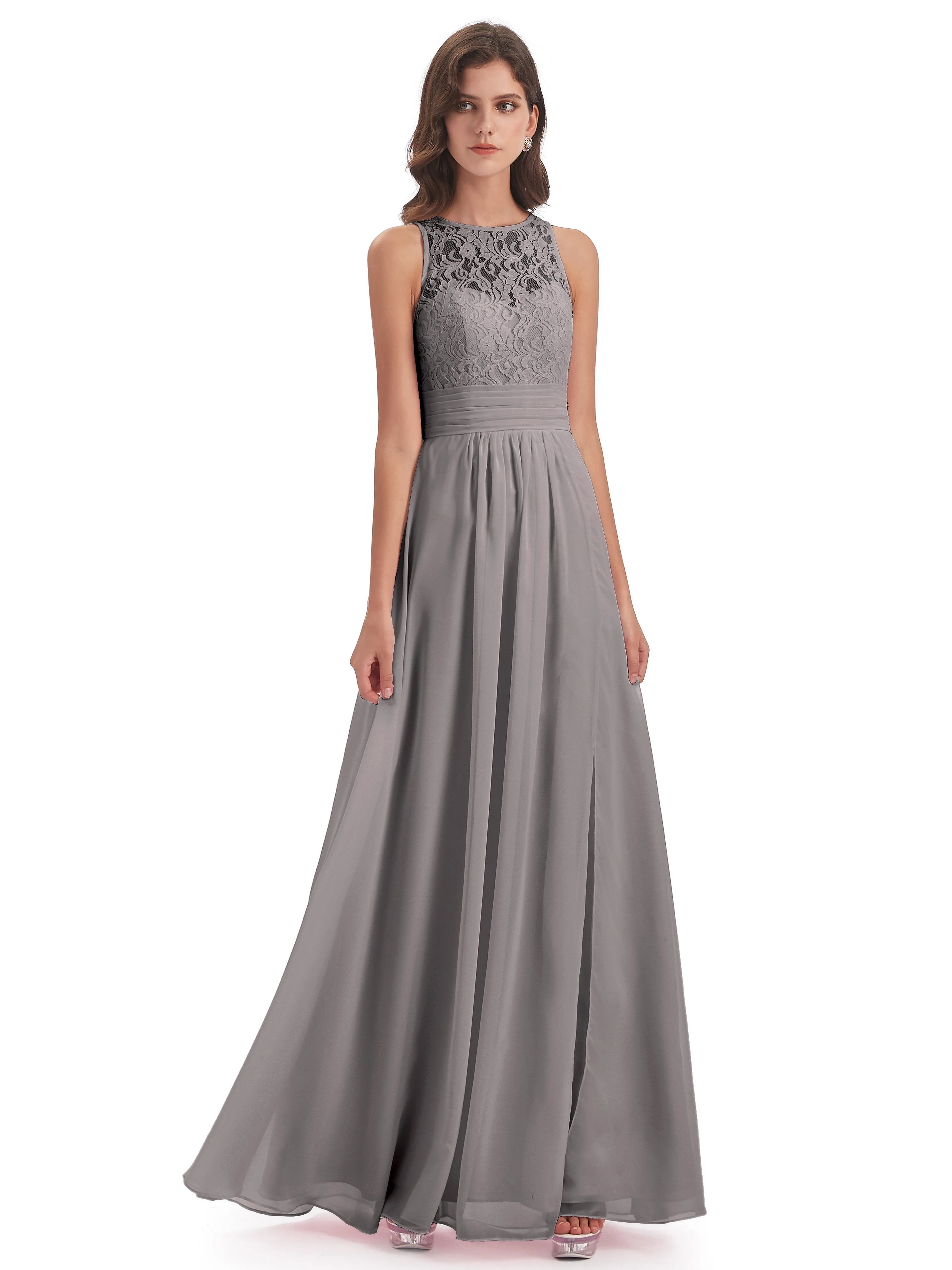 Bonnie Lace/Chiffon Sheath Keyhole Long Bridesmaid Dresses