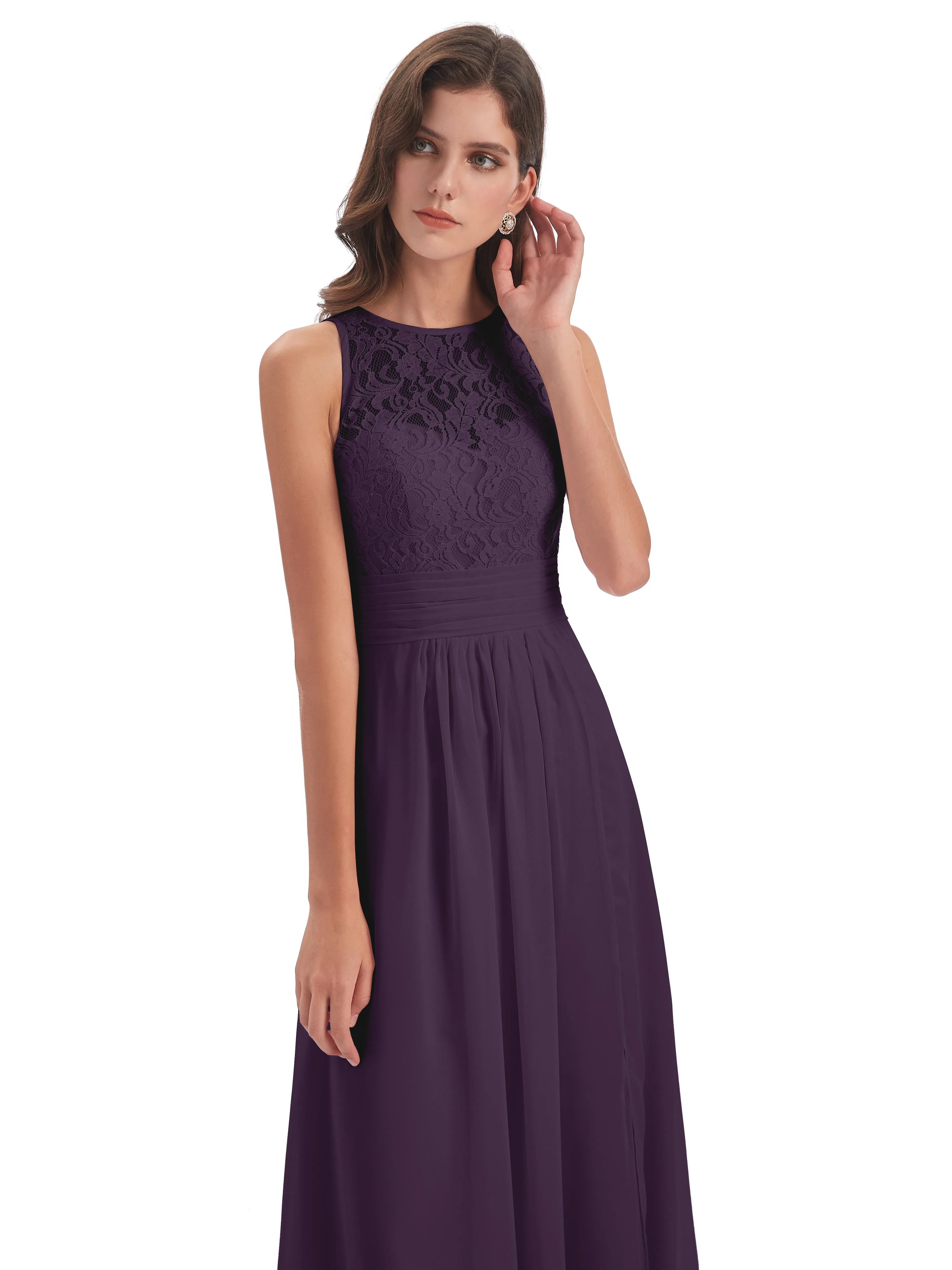 Bonnie Lace/Chiffon Sheath Keyhole Long Bridesmaid Dresses