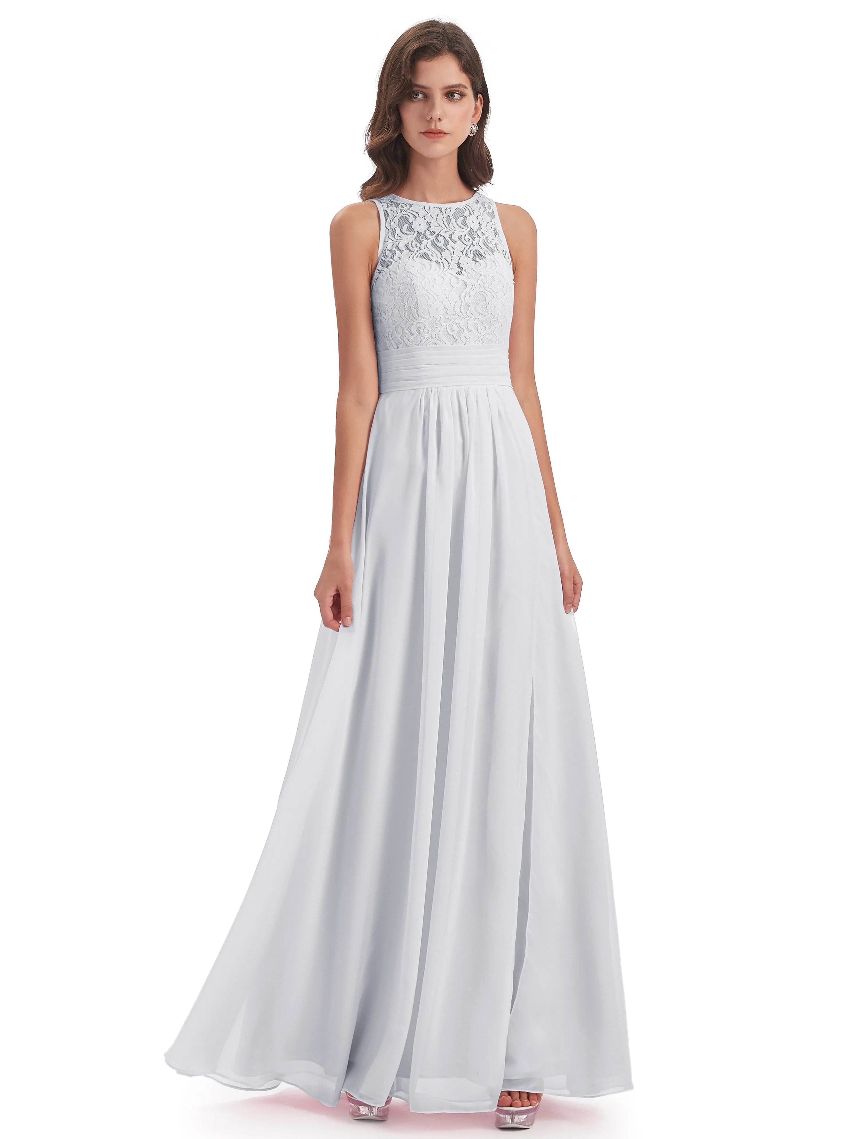 Bonnie Lace/Chiffon Sheath Keyhole Long Bridesmaid Dresses