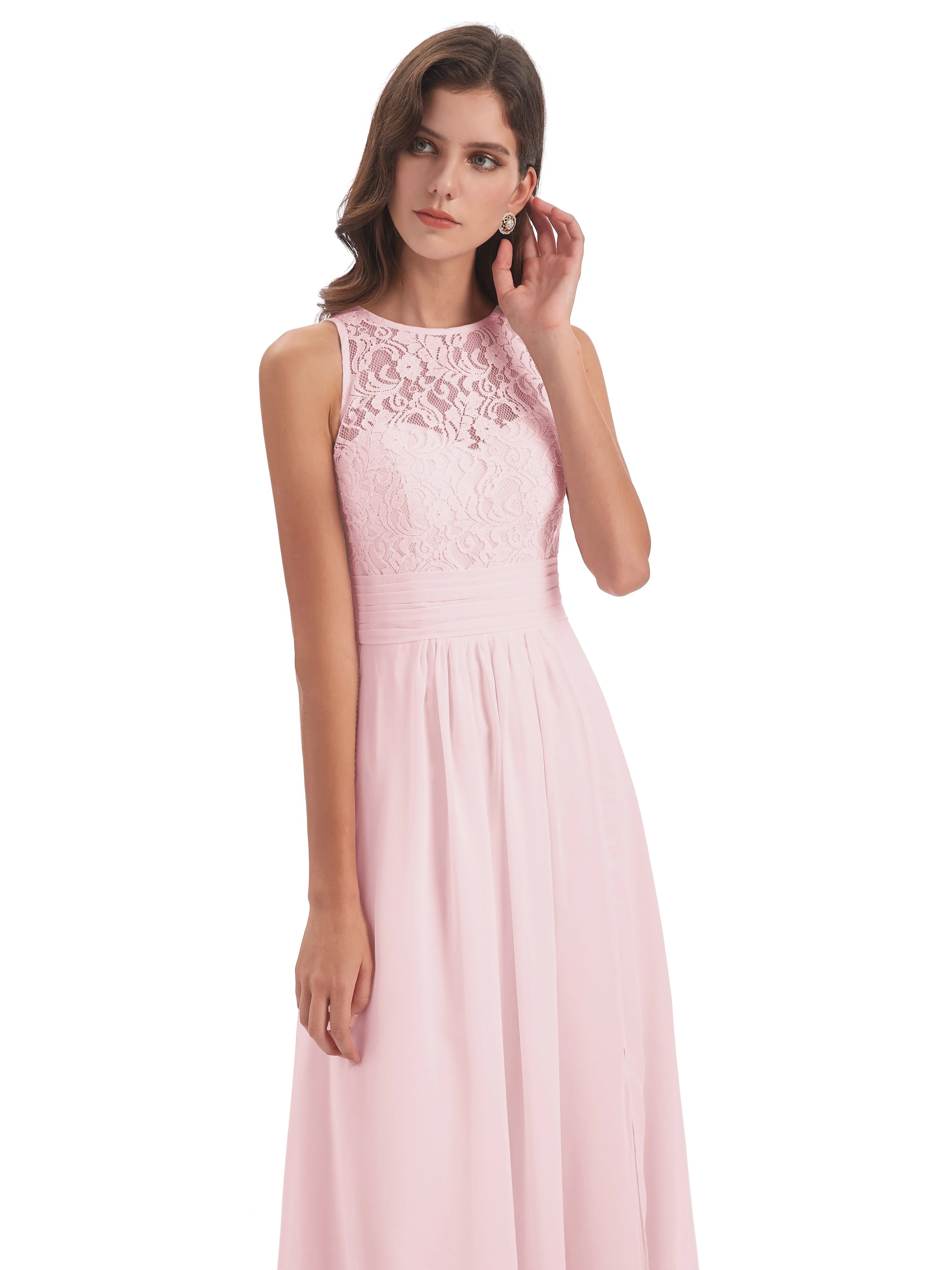 Bonnie Lace/Chiffon Sheath Keyhole Long Bridesmaid Dresses