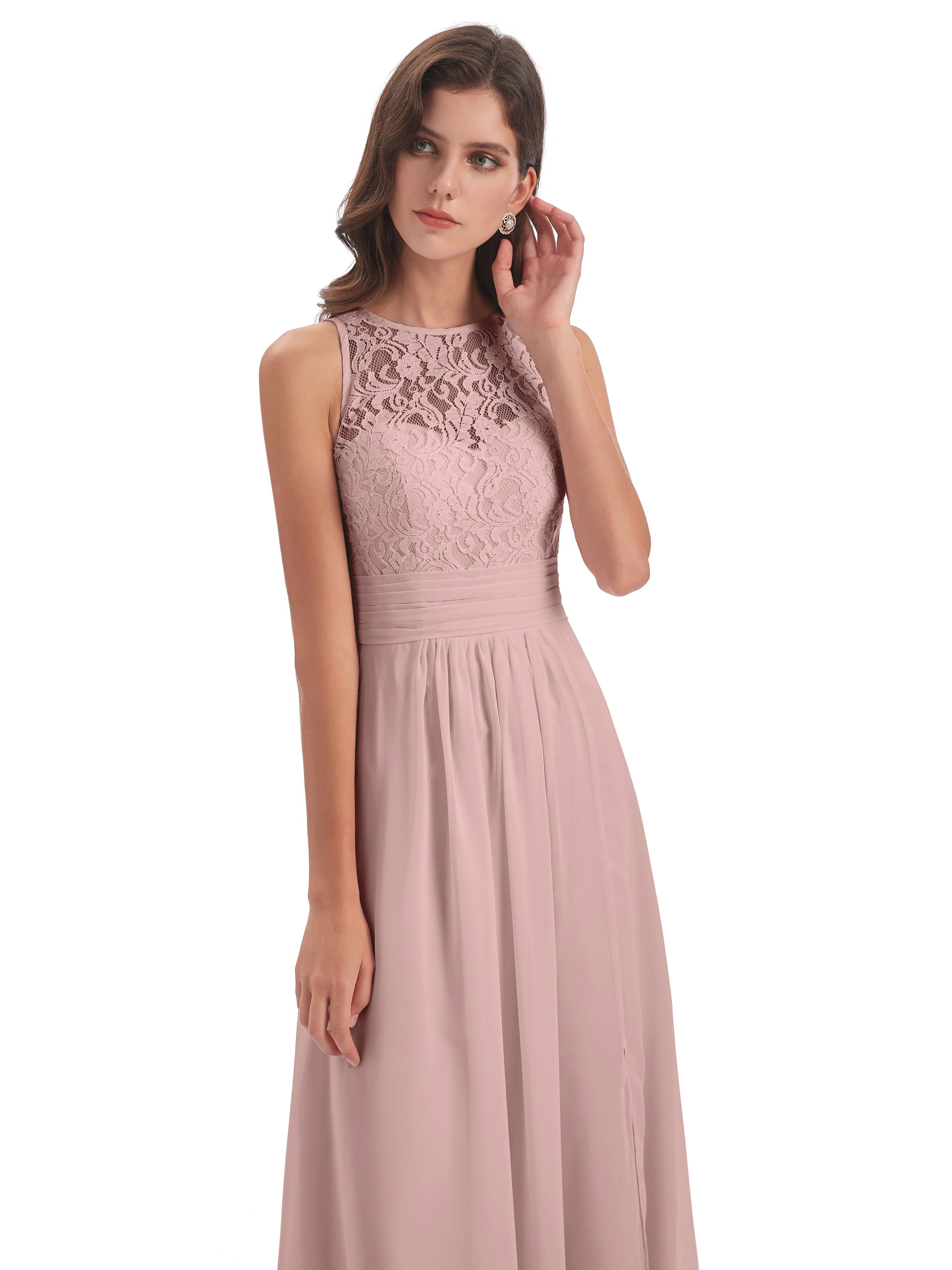 Bonnie Lace/Chiffon Sheath Keyhole Long Bridesmaid Dresses