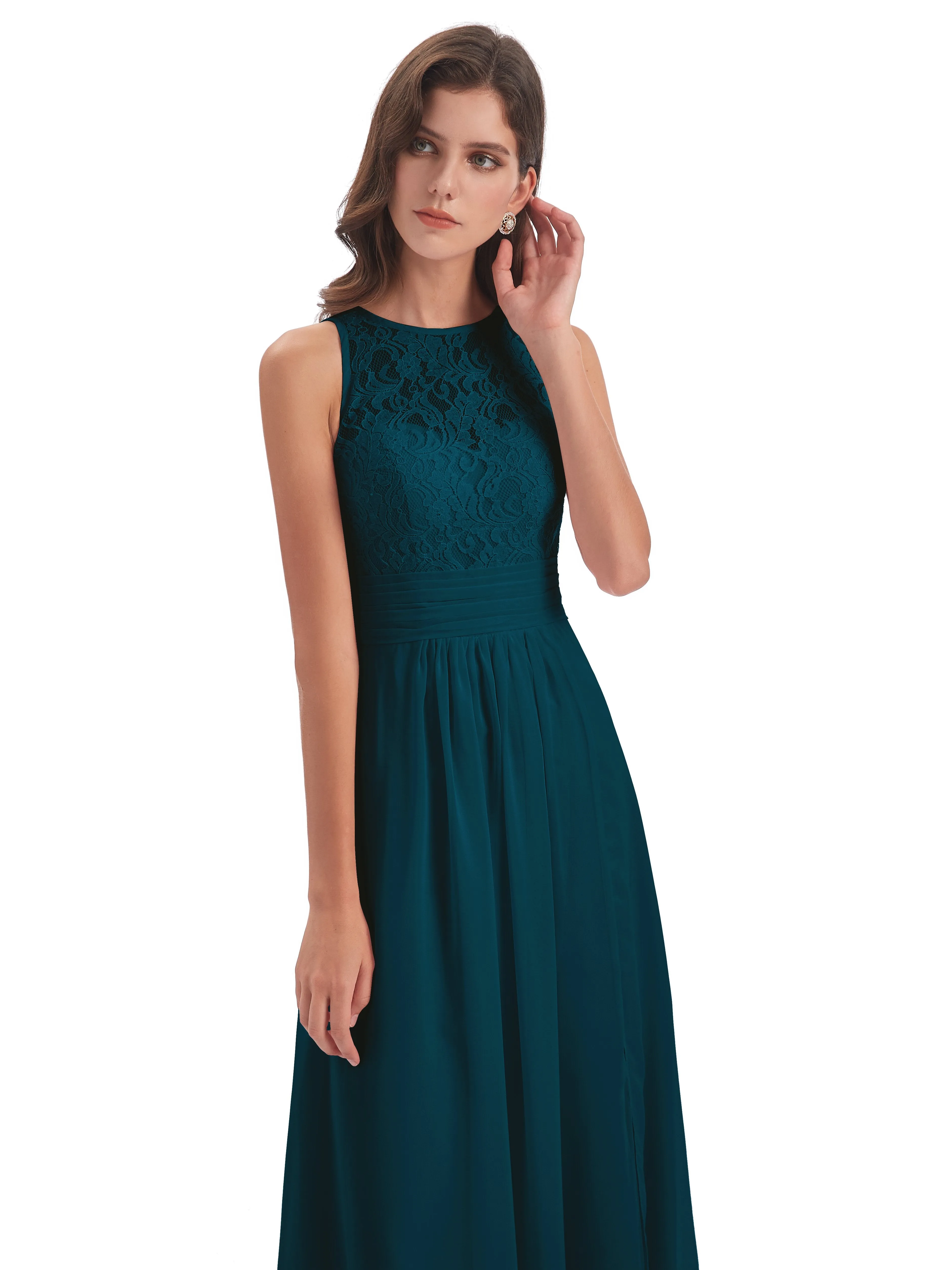 Bonnie Lace/Chiffon Sheath Keyhole Long Bridesmaid Dresses