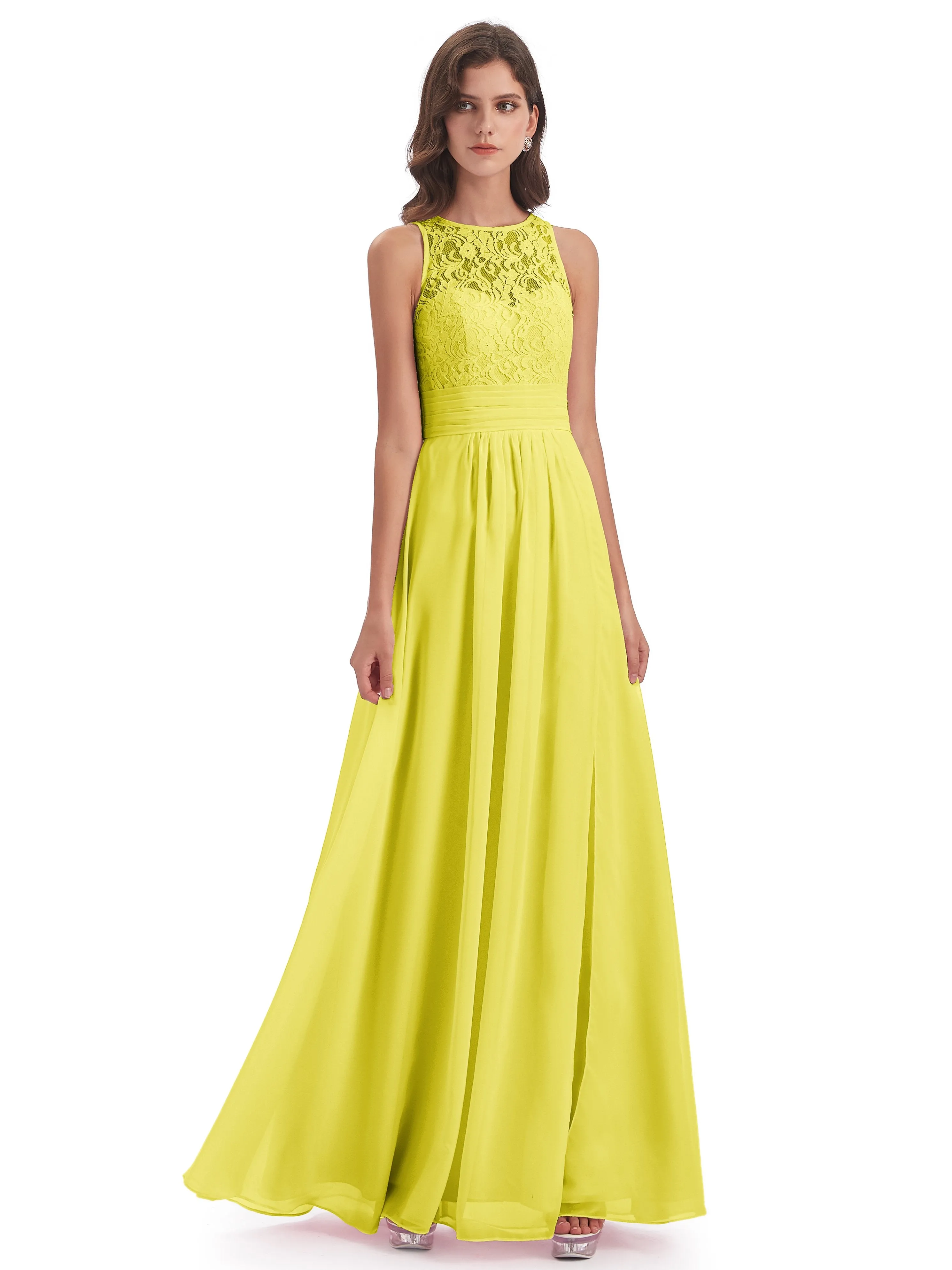 Bonnie Lace/Chiffon Sheath Keyhole Long Bridesmaid Dresses