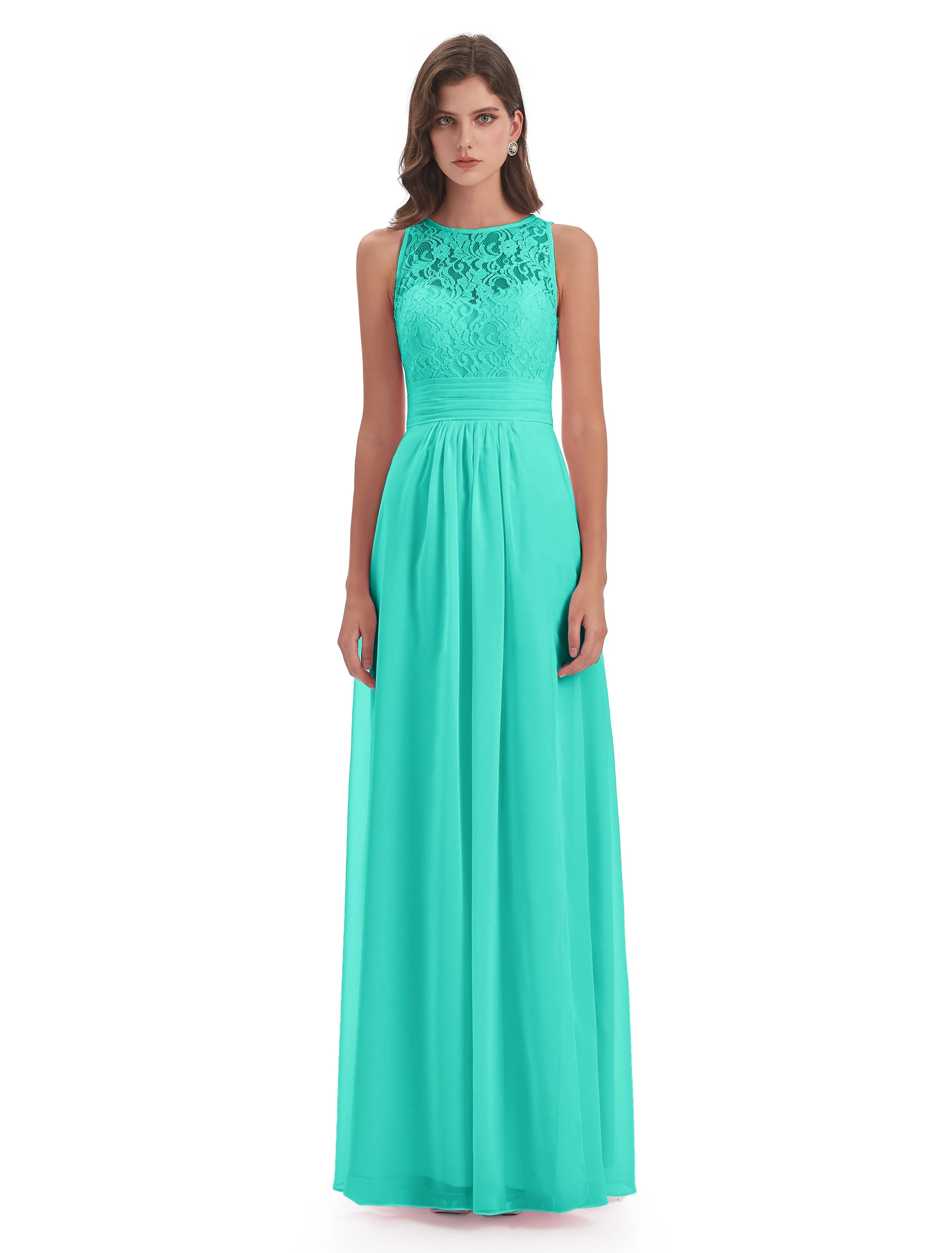 Bonnie Lace/Chiffon Sheath Keyhole Long Bridesmaid Dresses