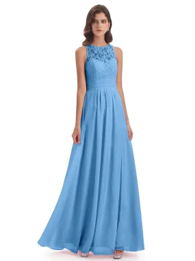 Bonnie Lace/Chiffon Sheath Keyhole Long Bridesmaid Dresses