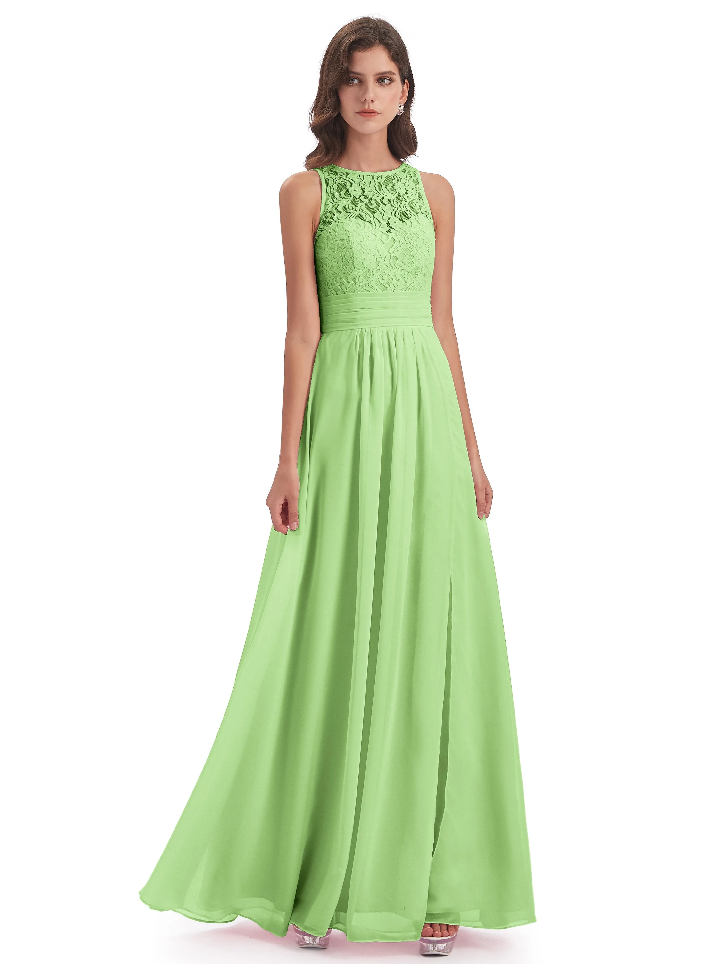 Bonnie Lace/Chiffon Sheath Keyhole Long Bridesmaid Dresses