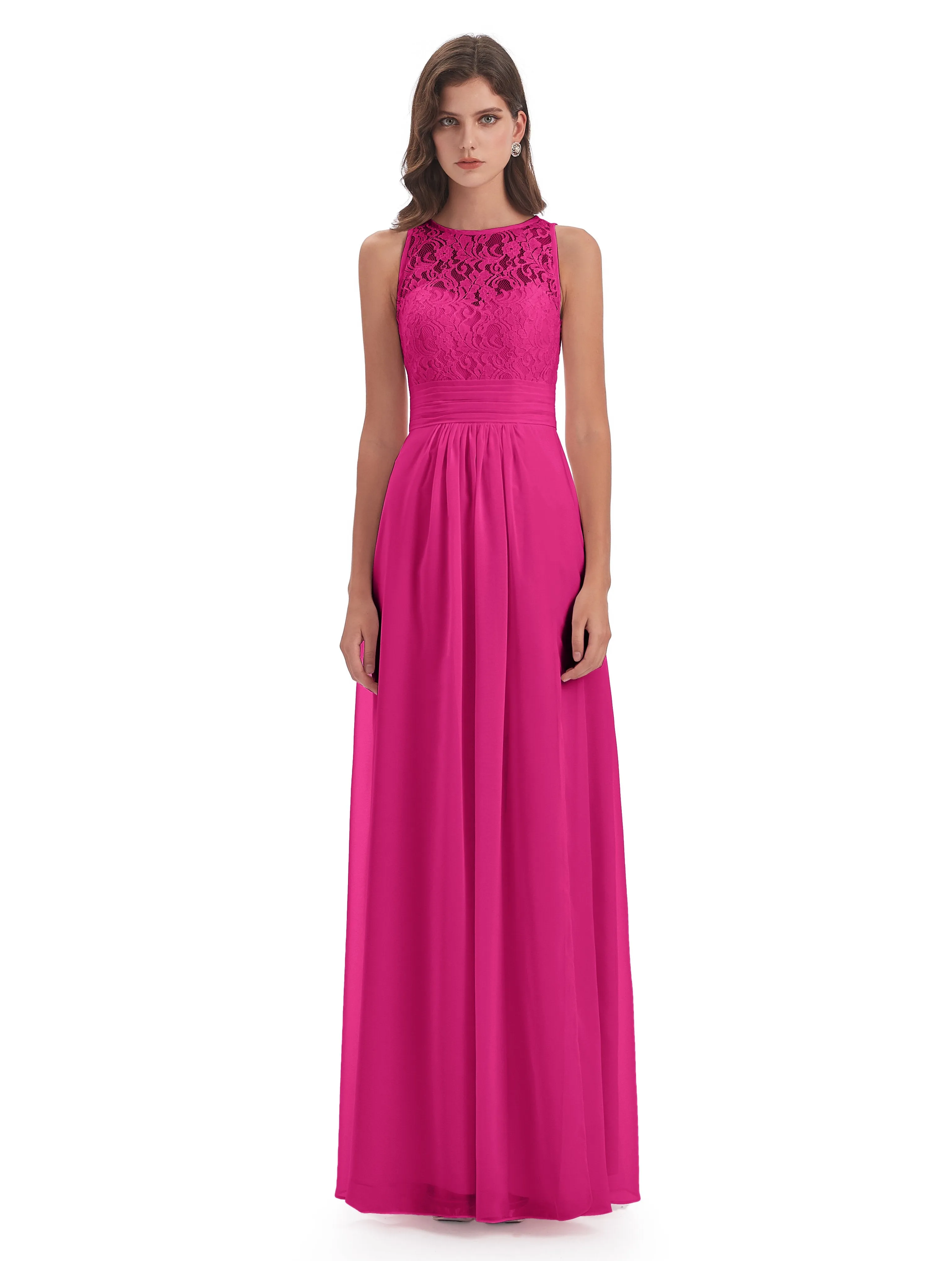 Bonnie Lace/Chiffon Sheath Keyhole Long Bridesmaid Dresses