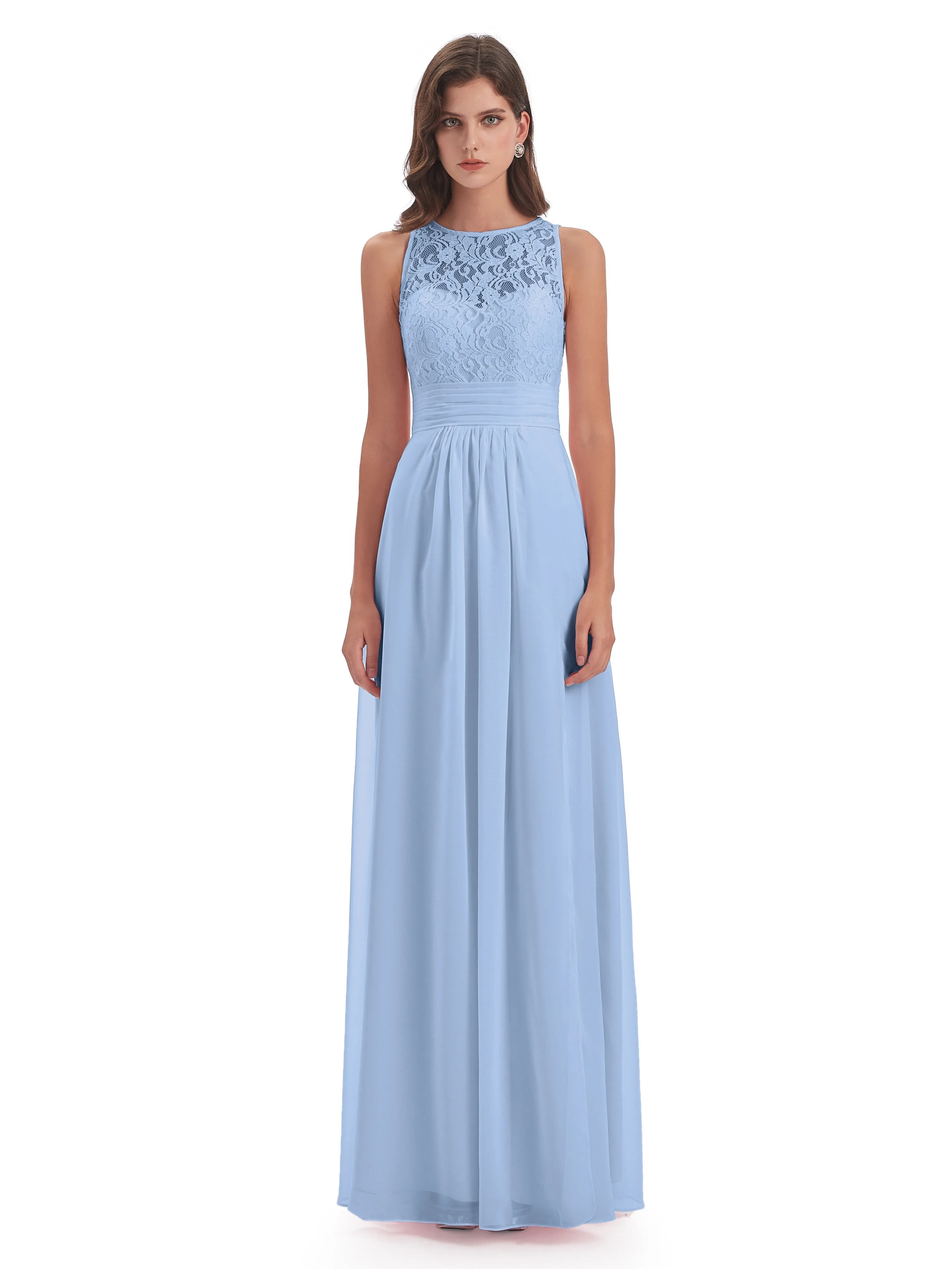 Bonnie Lace/Chiffon Sheath Keyhole Long Bridesmaid Dresses