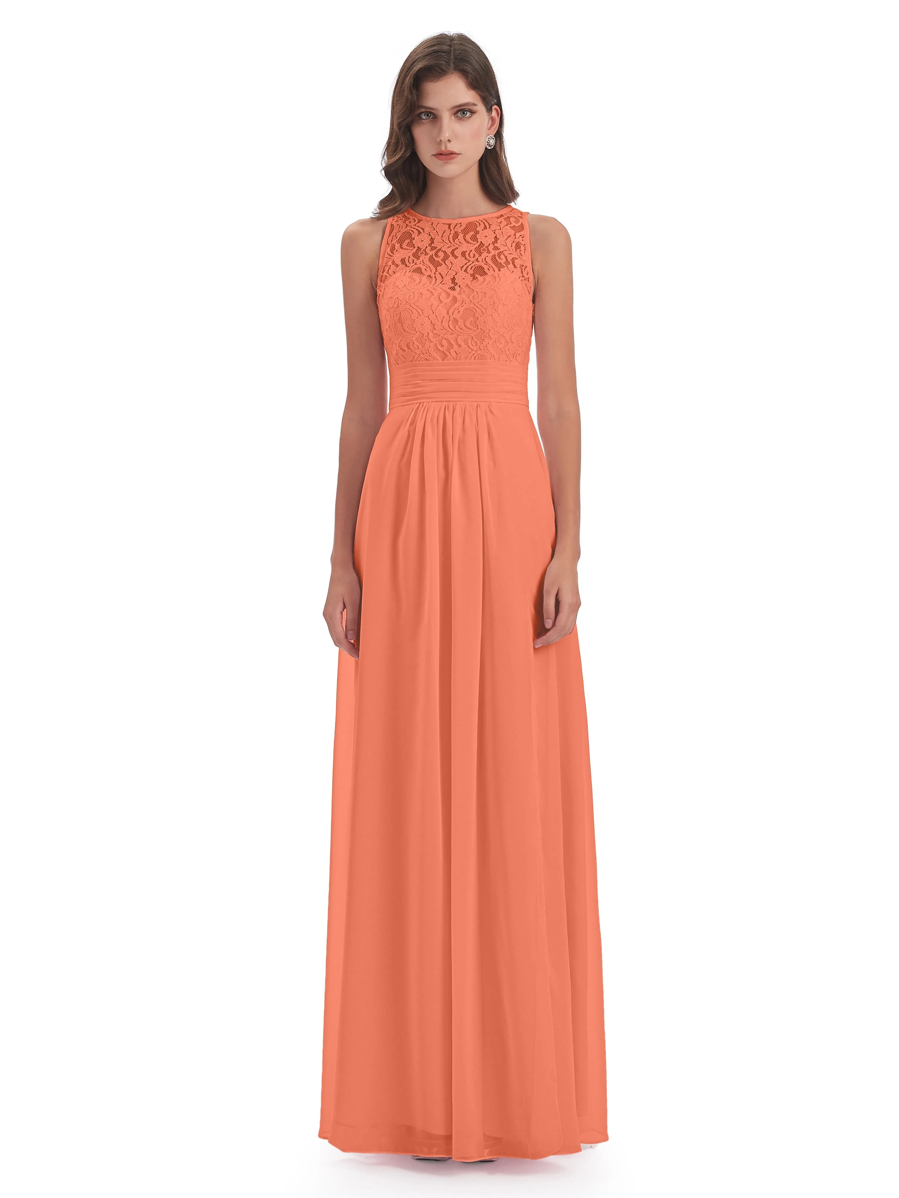 Bonnie Lace/Chiffon Sheath Keyhole Long Bridesmaid Dresses