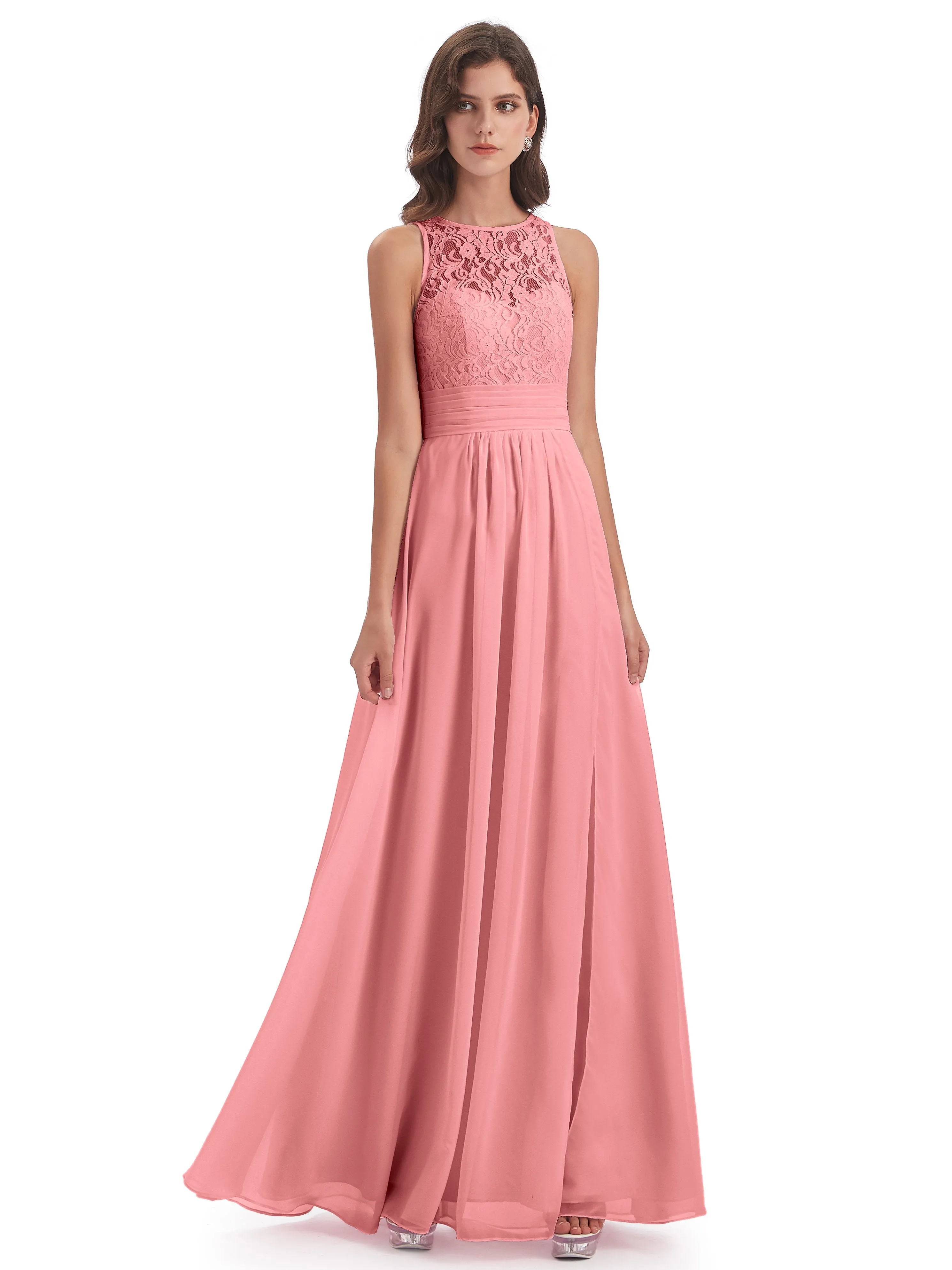 Bonnie Lace/Chiffon Sheath Keyhole Long Bridesmaid Dresses