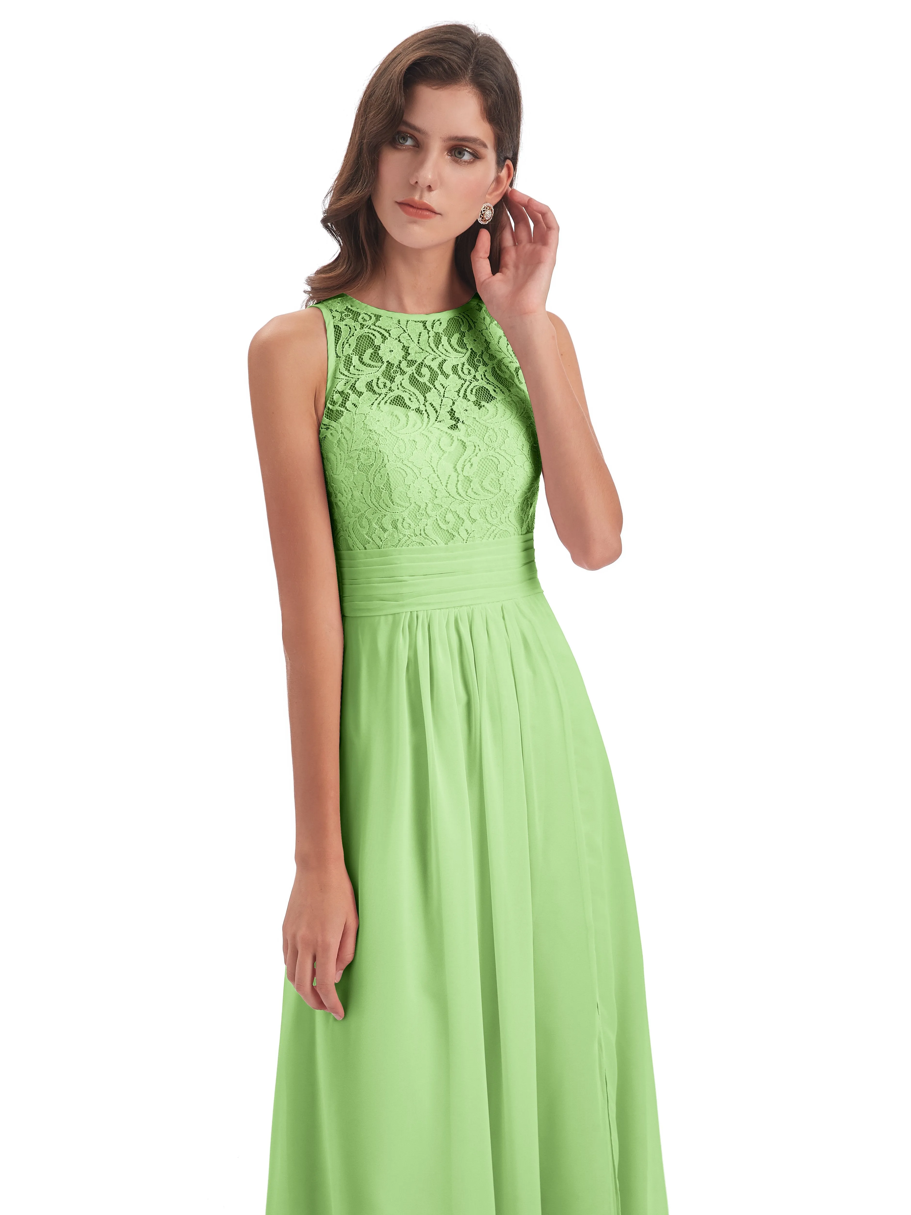 Bonnie Lace/Chiffon Sheath Keyhole Long Bridesmaid Dresses