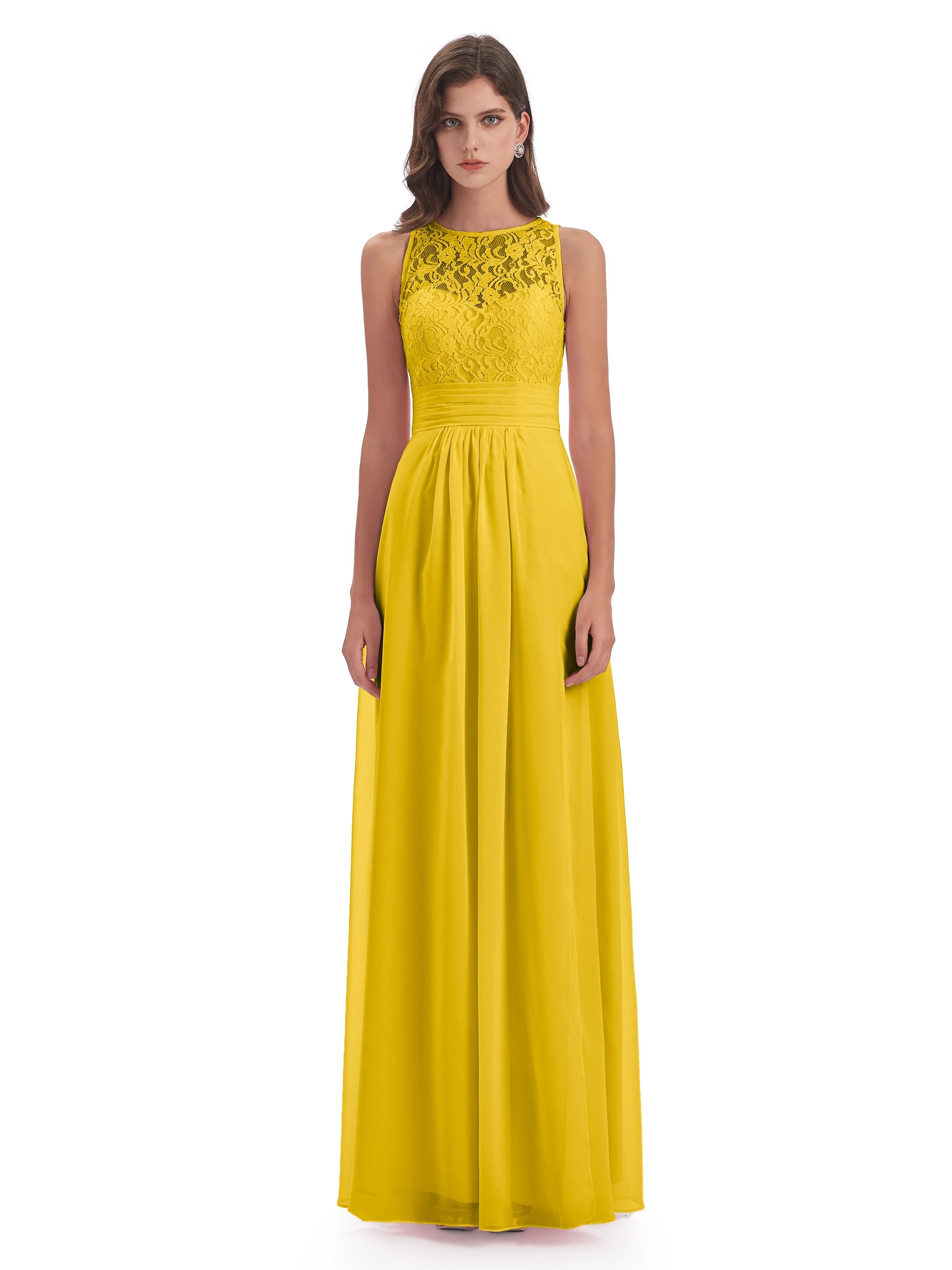 Bonnie Lace/Chiffon Sheath Keyhole Long Bridesmaid Dresses