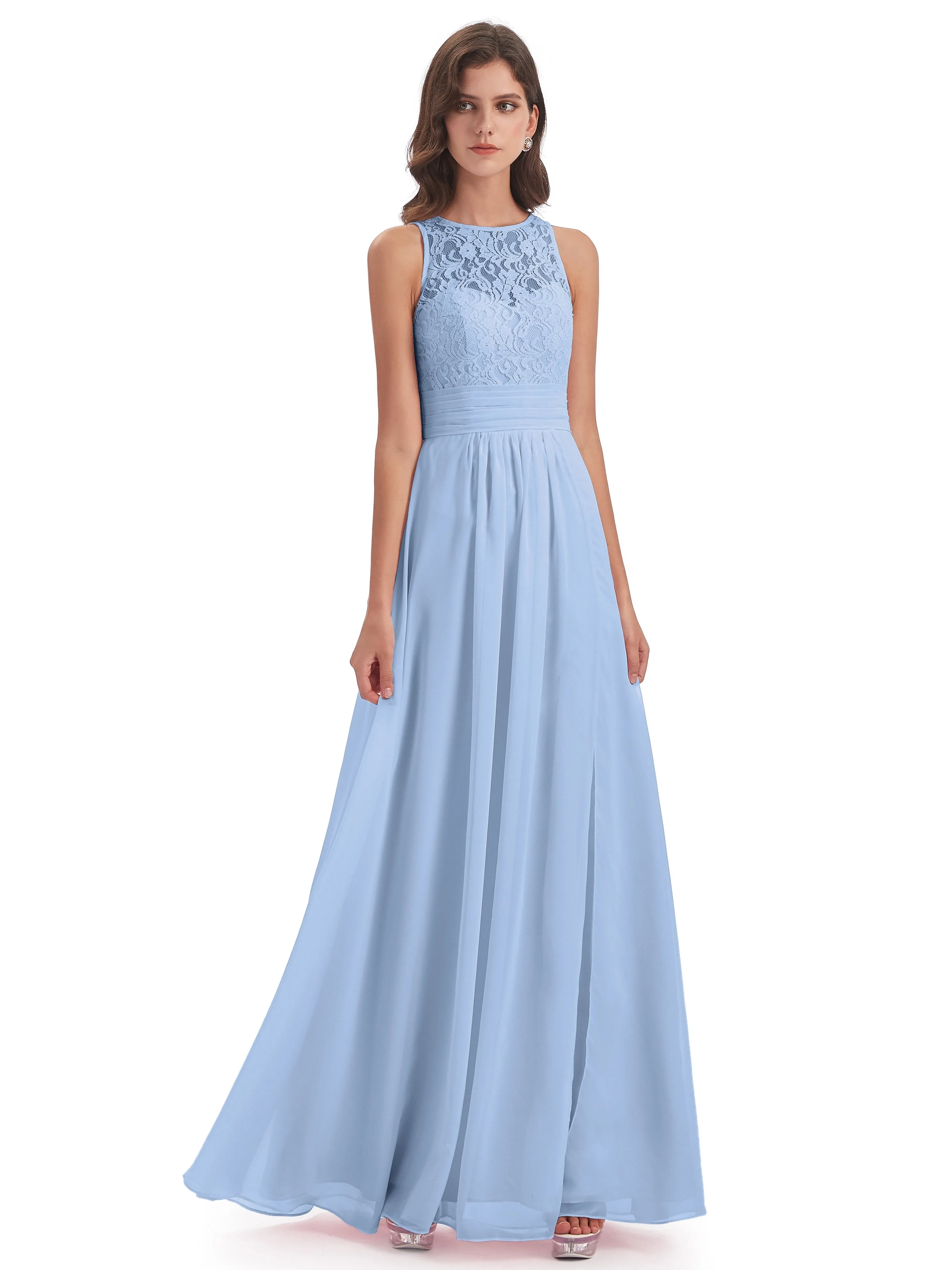 Bonnie Lace/Chiffon Sheath Keyhole Long Bridesmaid Dresses