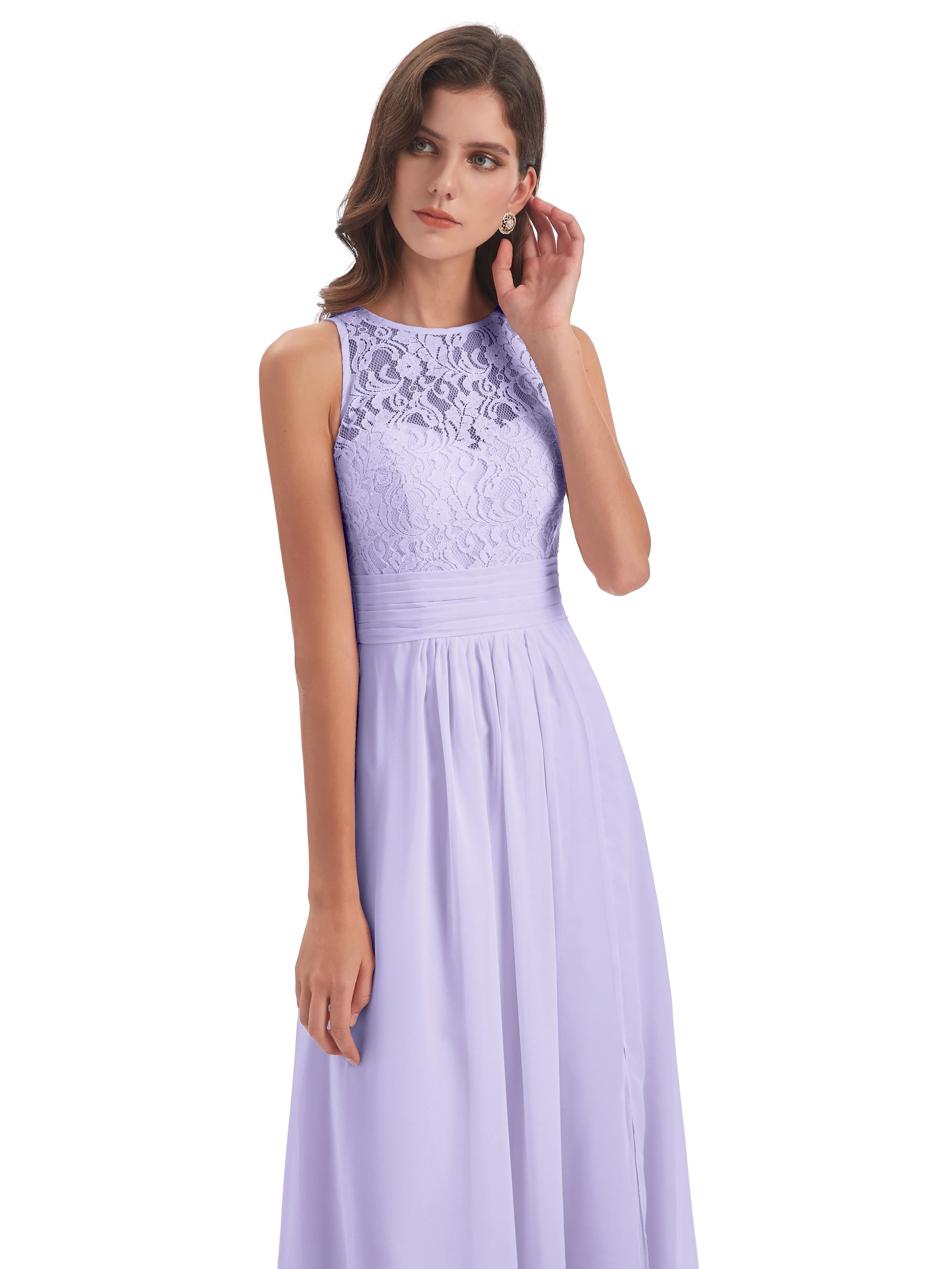 Bonnie Lace/Chiffon Sheath Keyhole Long Bridesmaid Dresses