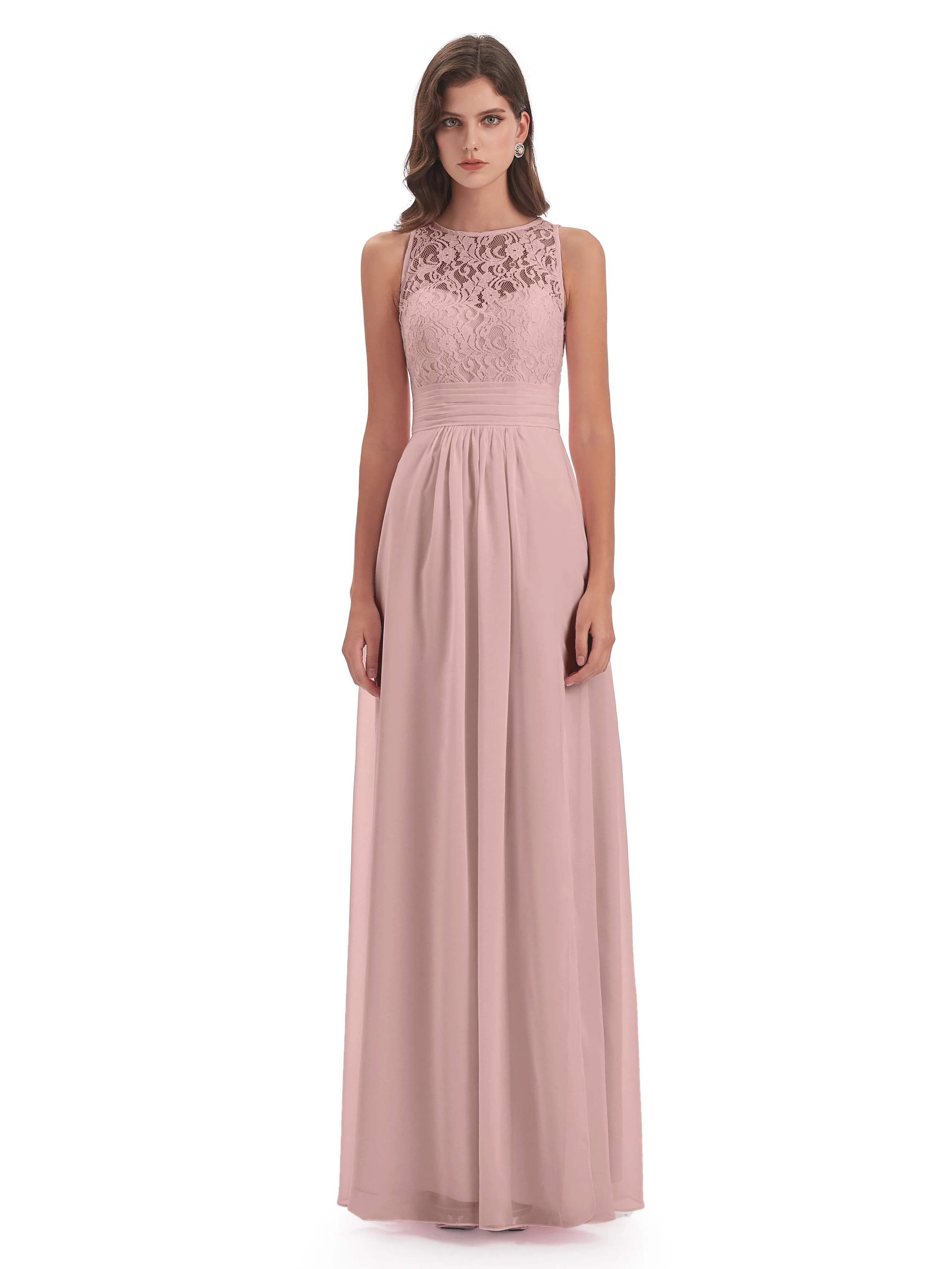 Bonnie Lace/Chiffon Sheath Keyhole Long Bridesmaid Dresses