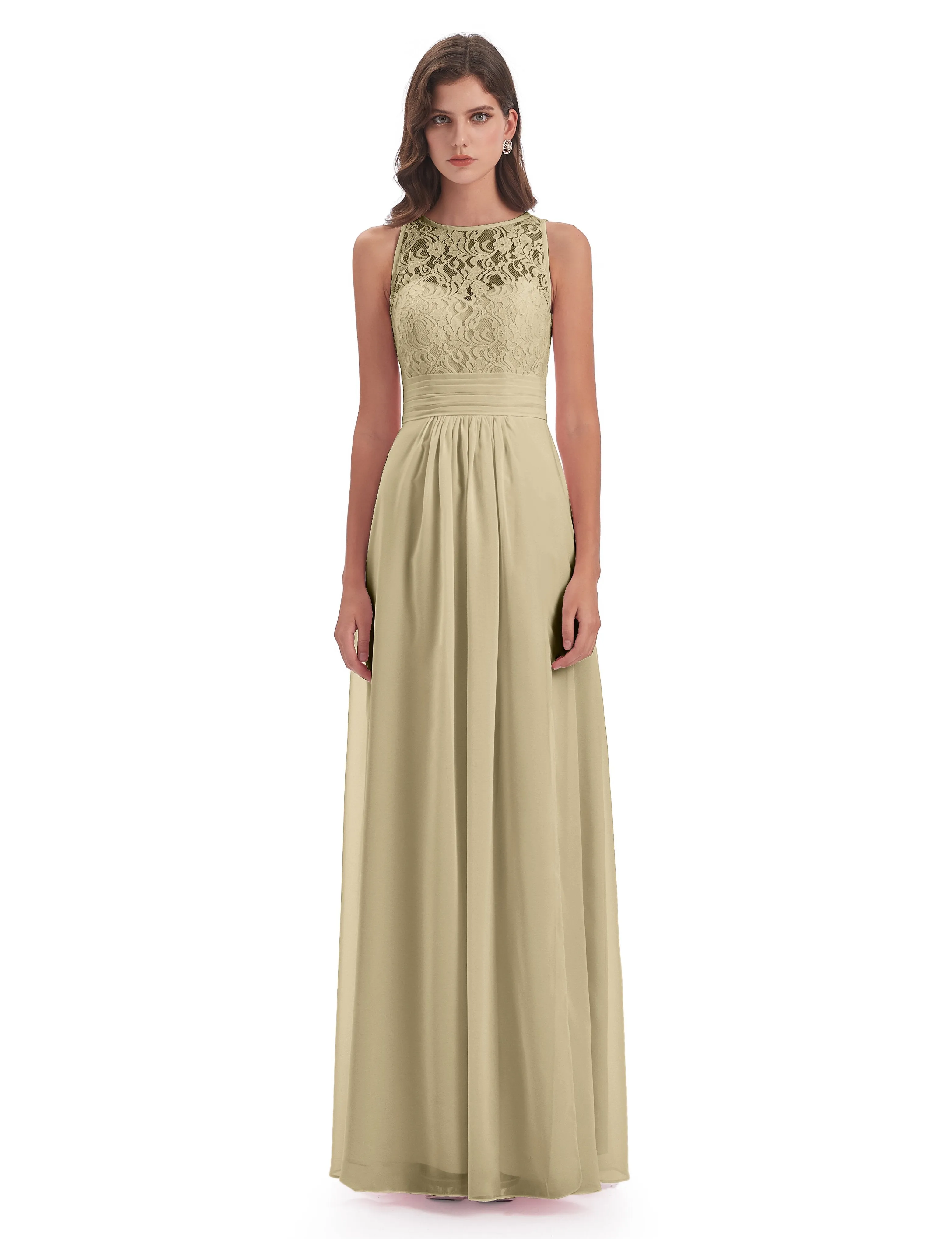 Bonnie Lace/Chiffon Sheath Keyhole Long Bridesmaid Dresses