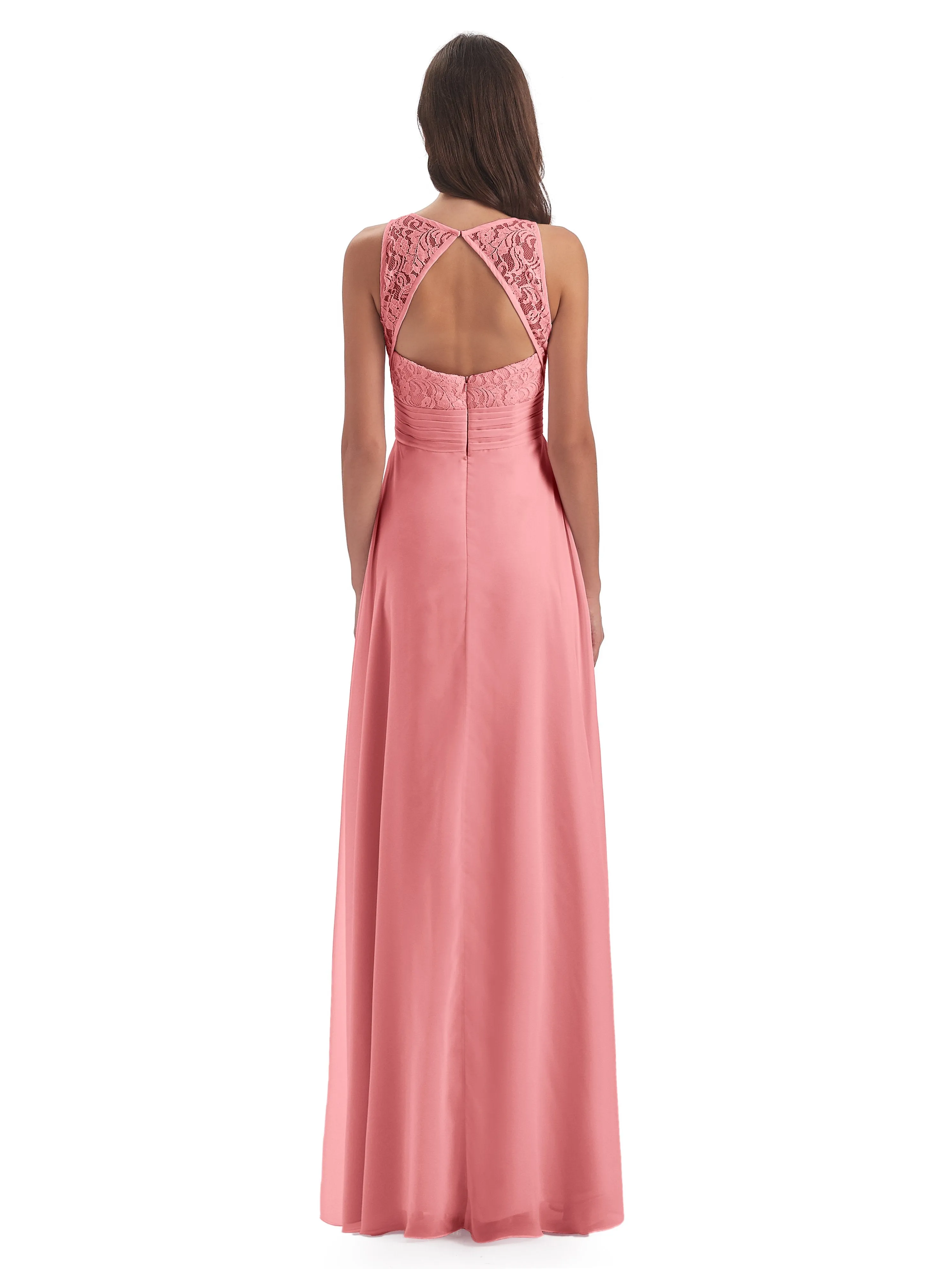 Bonnie Lace/Chiffon Sheath Keyhole Long Bridesmaid Dresses