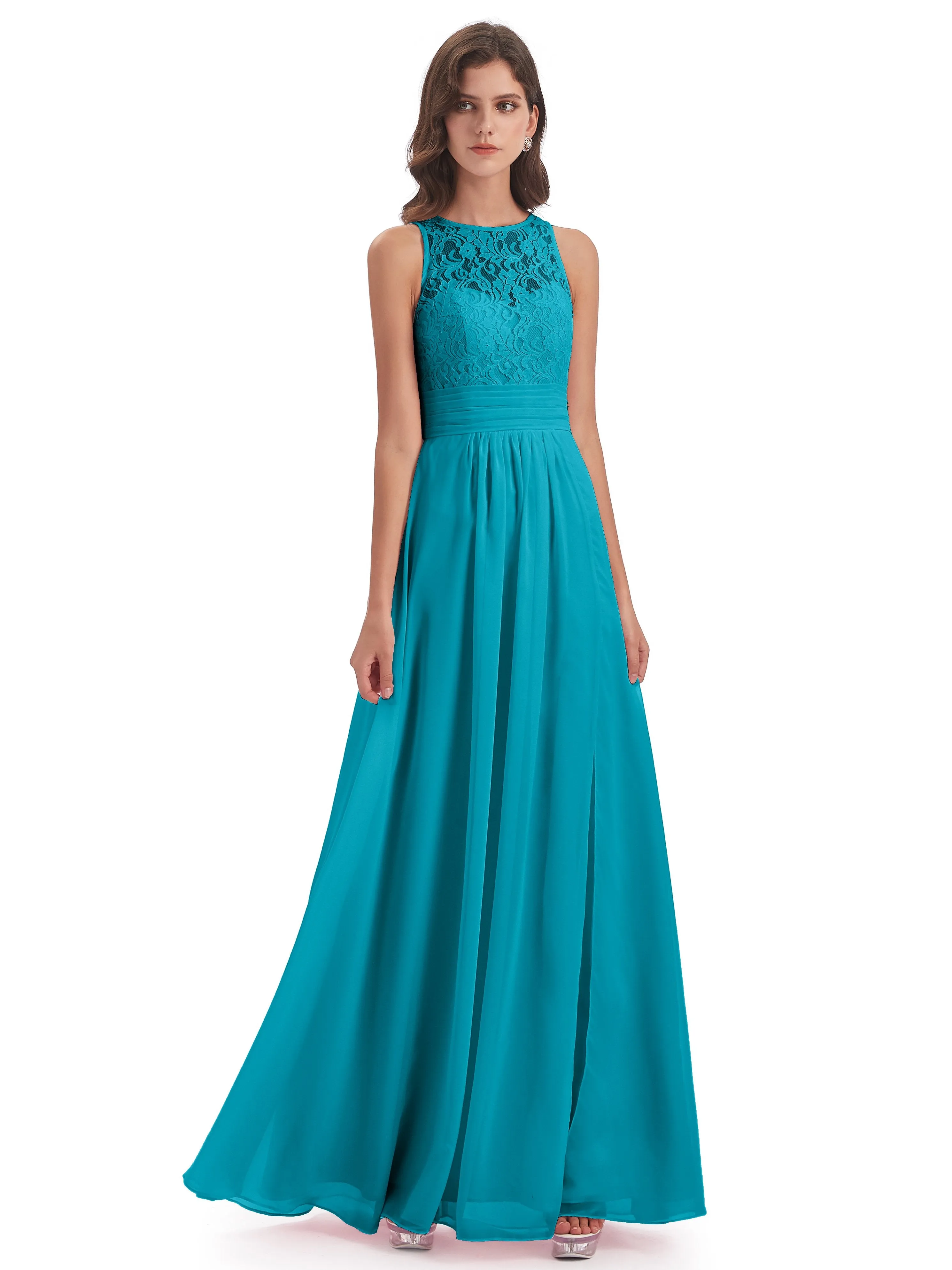 Bonnie Lace/Chiffon Sheath Keyhole Long Bridesmaid Dresses