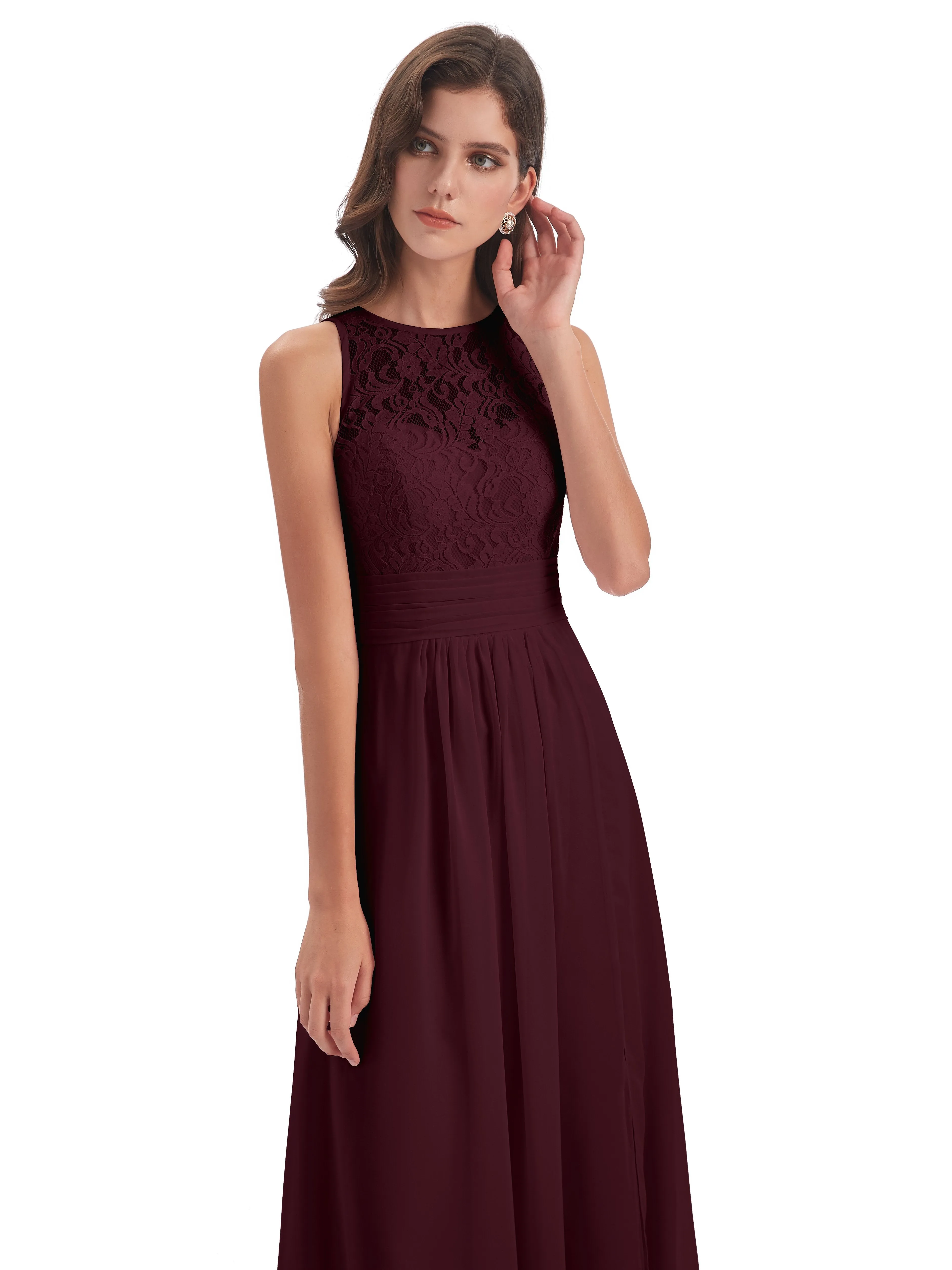 Bonnie Lace/Chiffon Sheath Keyhole Long Bridesmaid Dresses