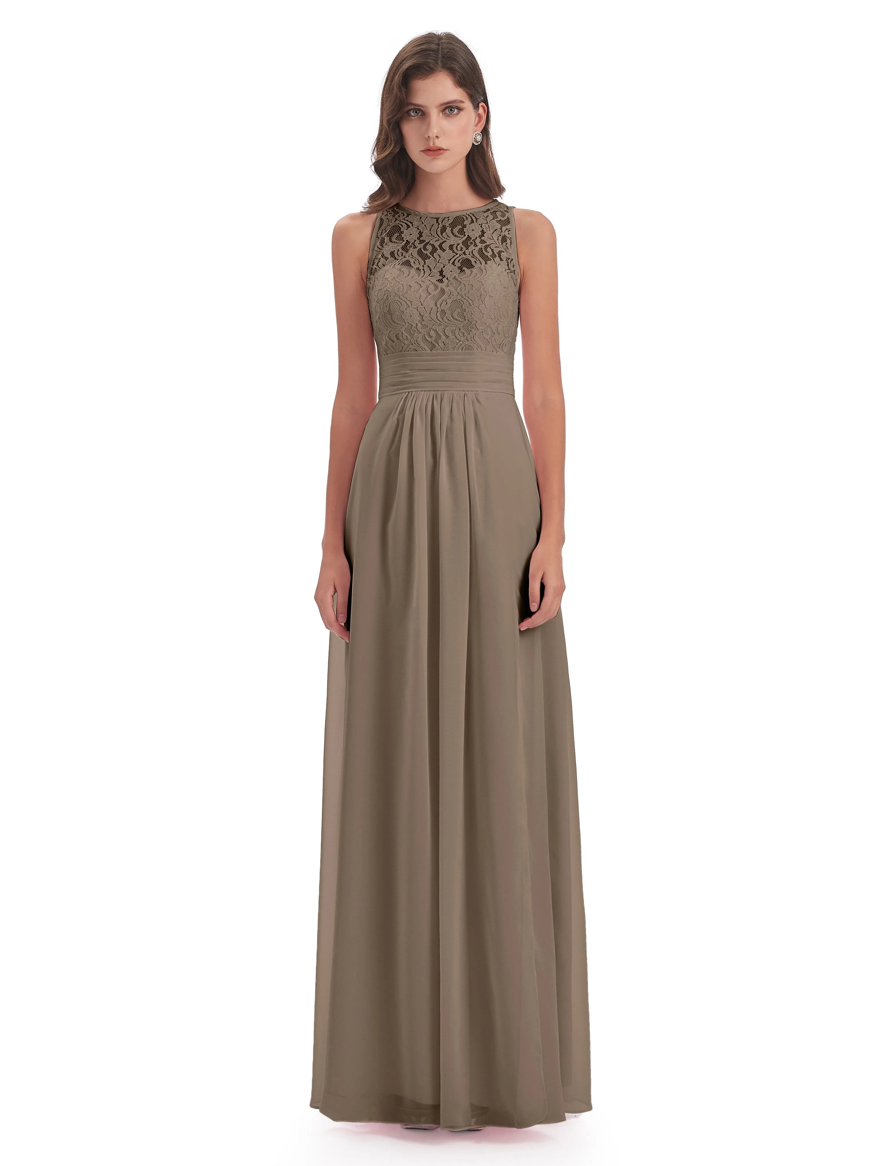 Bonnie Lace/Chiffon Sheath Keyhole Long Bridesmaid Dresses