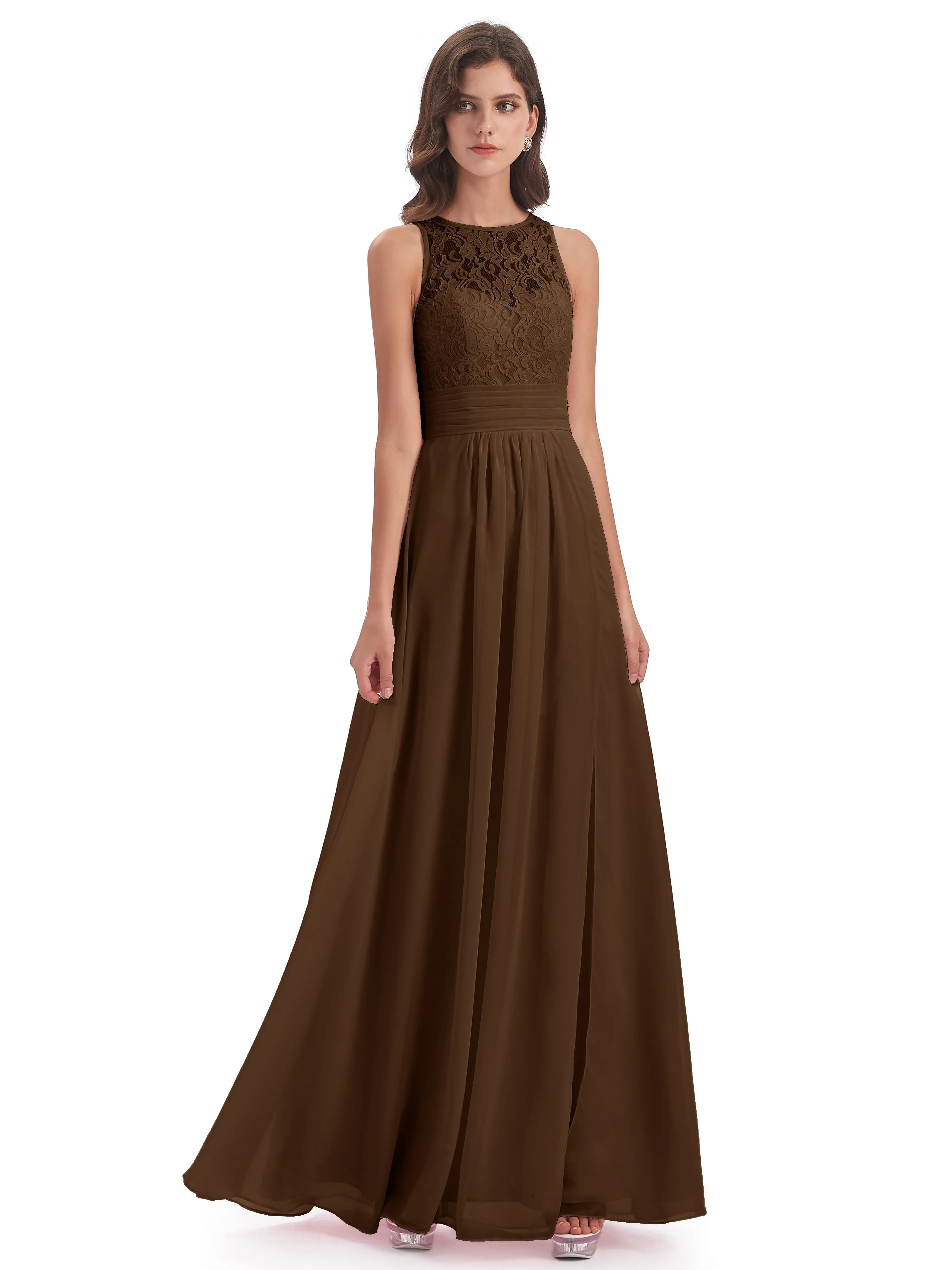 Bonnie Lace/Chiffon Sheath Keyhole Long Bridesmaid Dresses