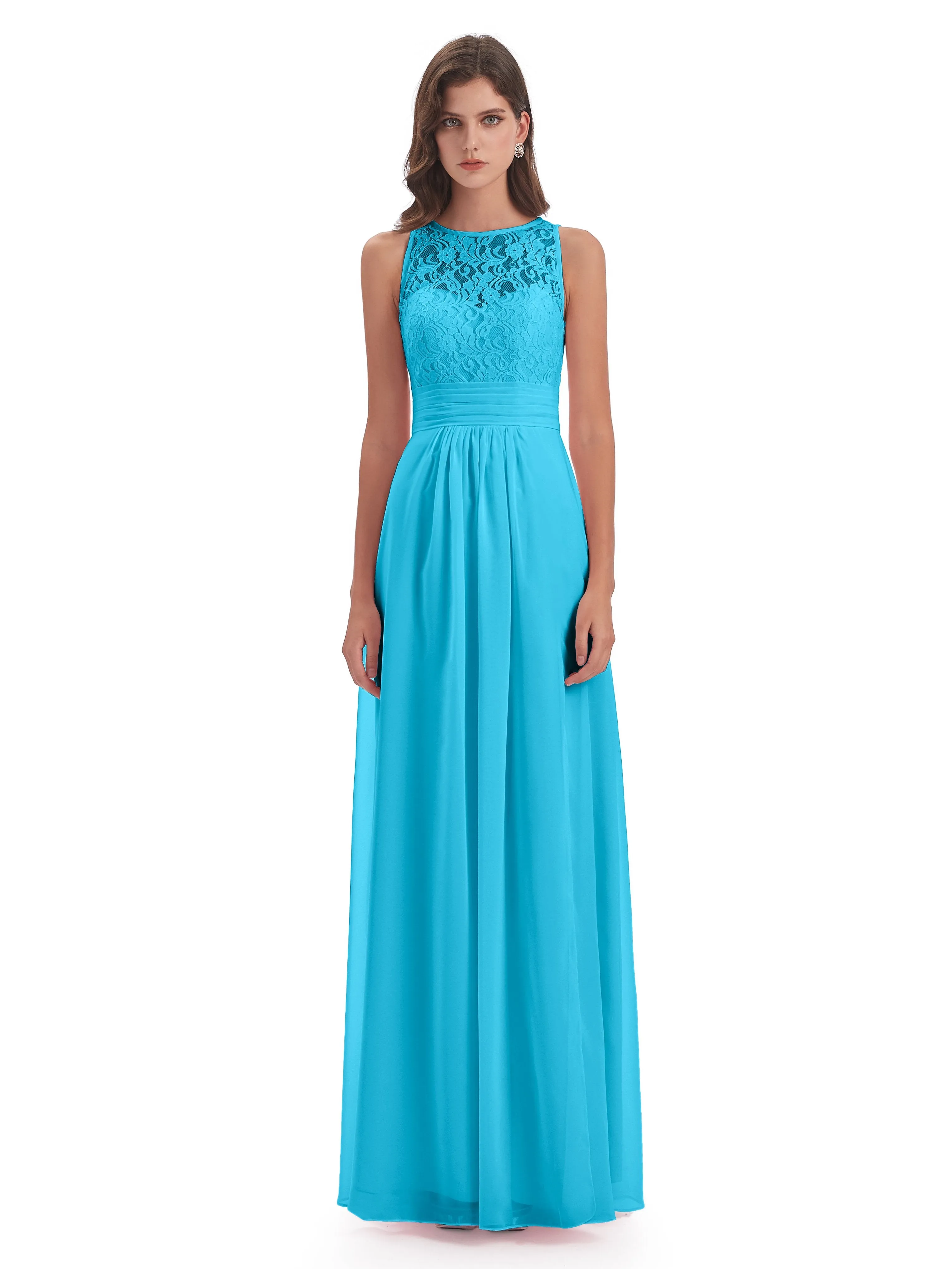 Bonnie Lace/Chiffon Sheath Keyhole Long Bridesmaid Dresses