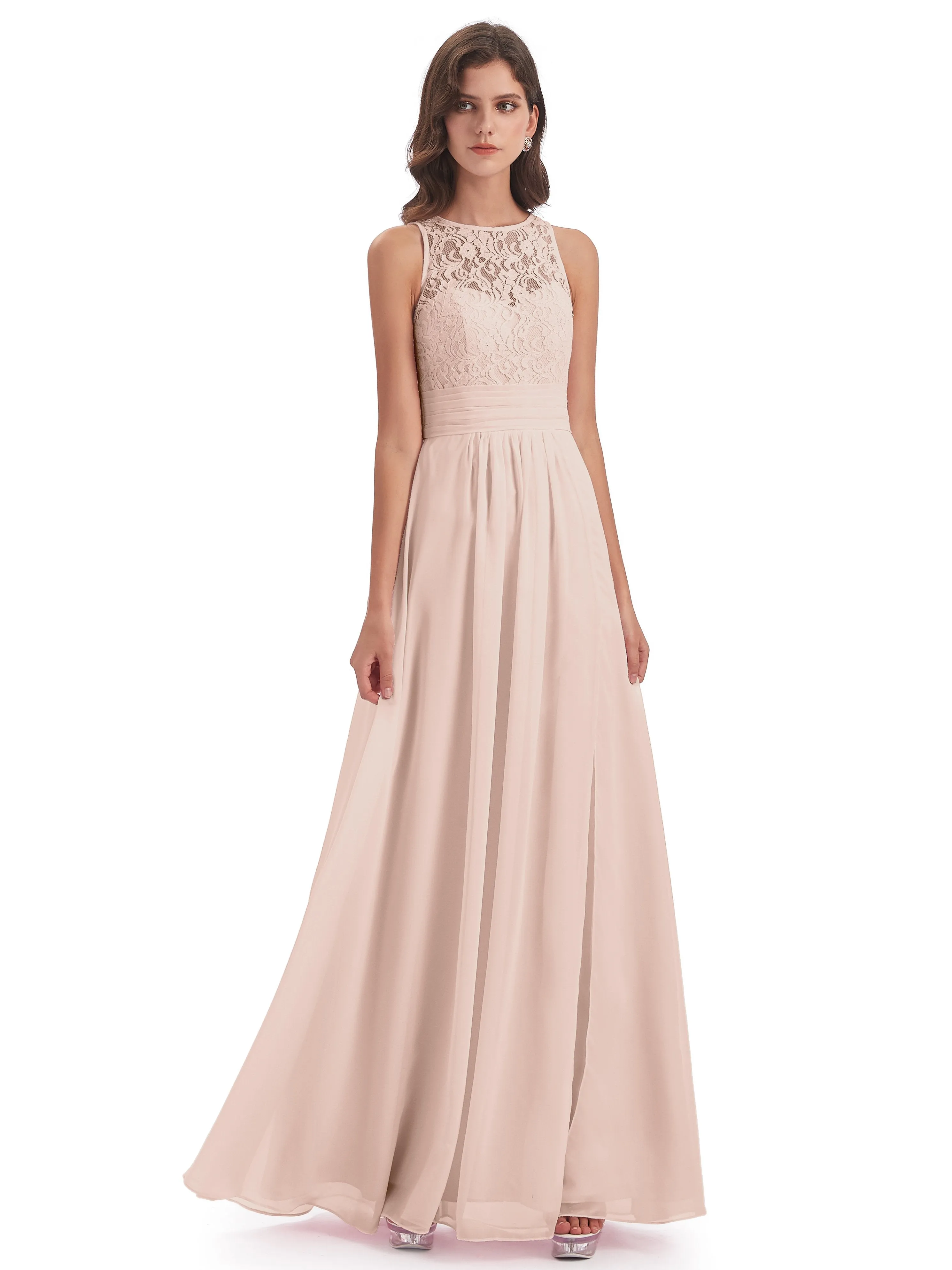 Bonnie Lace/Chiffon Sheath Keyhole Long Bridesmaid Dresses