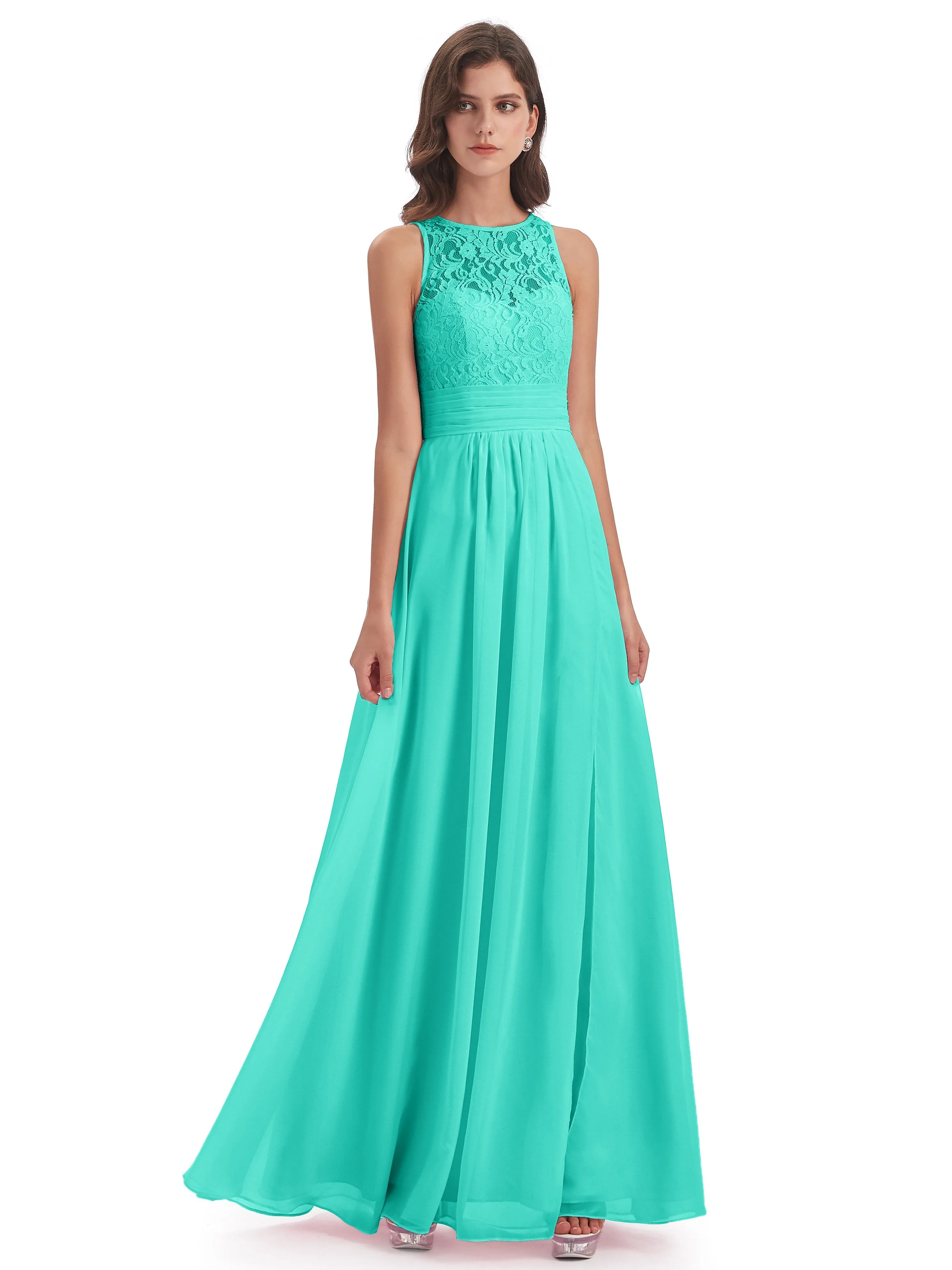 Bonnie Lace/Chiffon Sheath Keyhole Long Bridesmaid Dresses