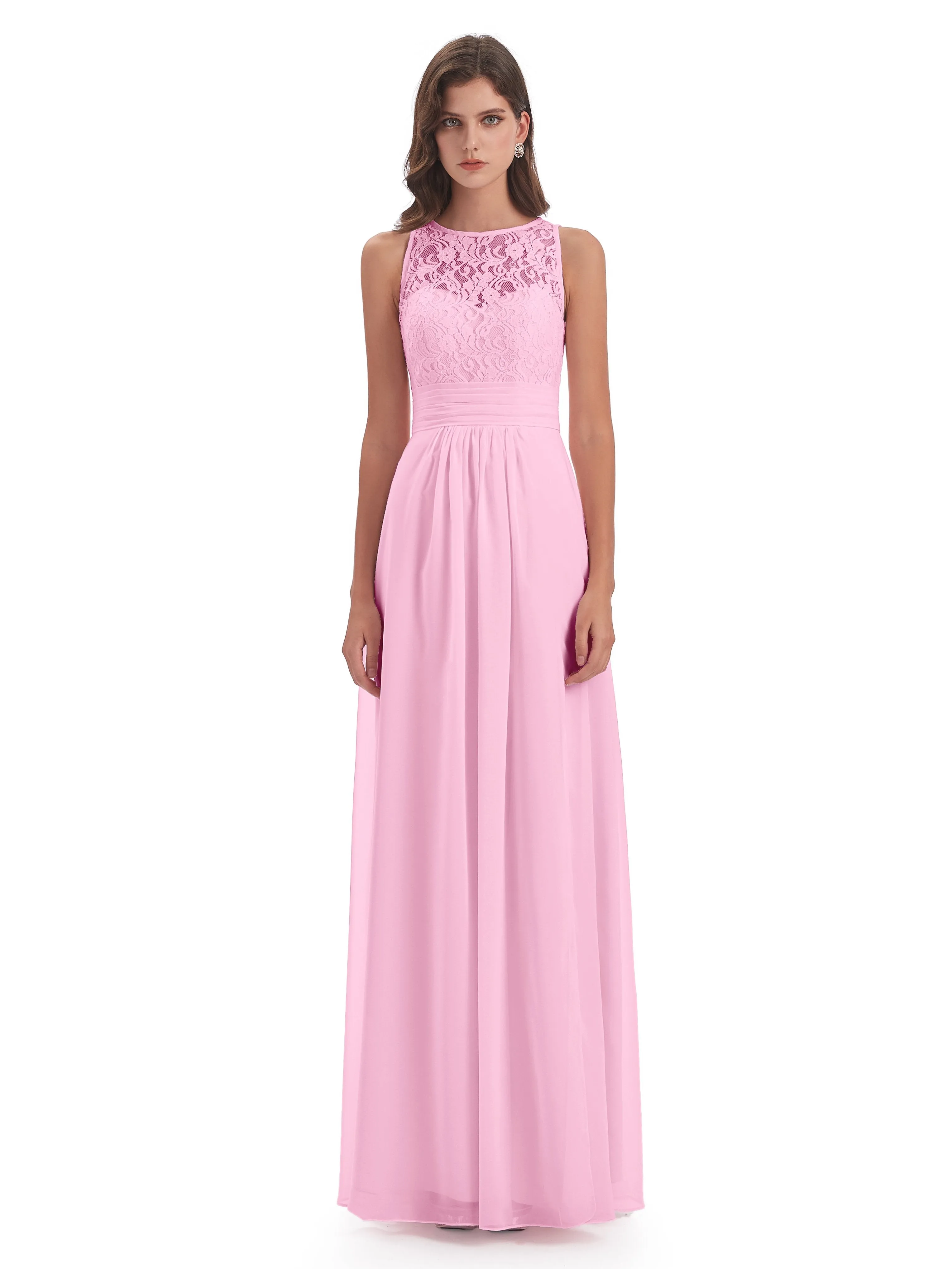 Bonnie Lace/Chiffon Sheath Keyhole Long Bridesmaid Dresses