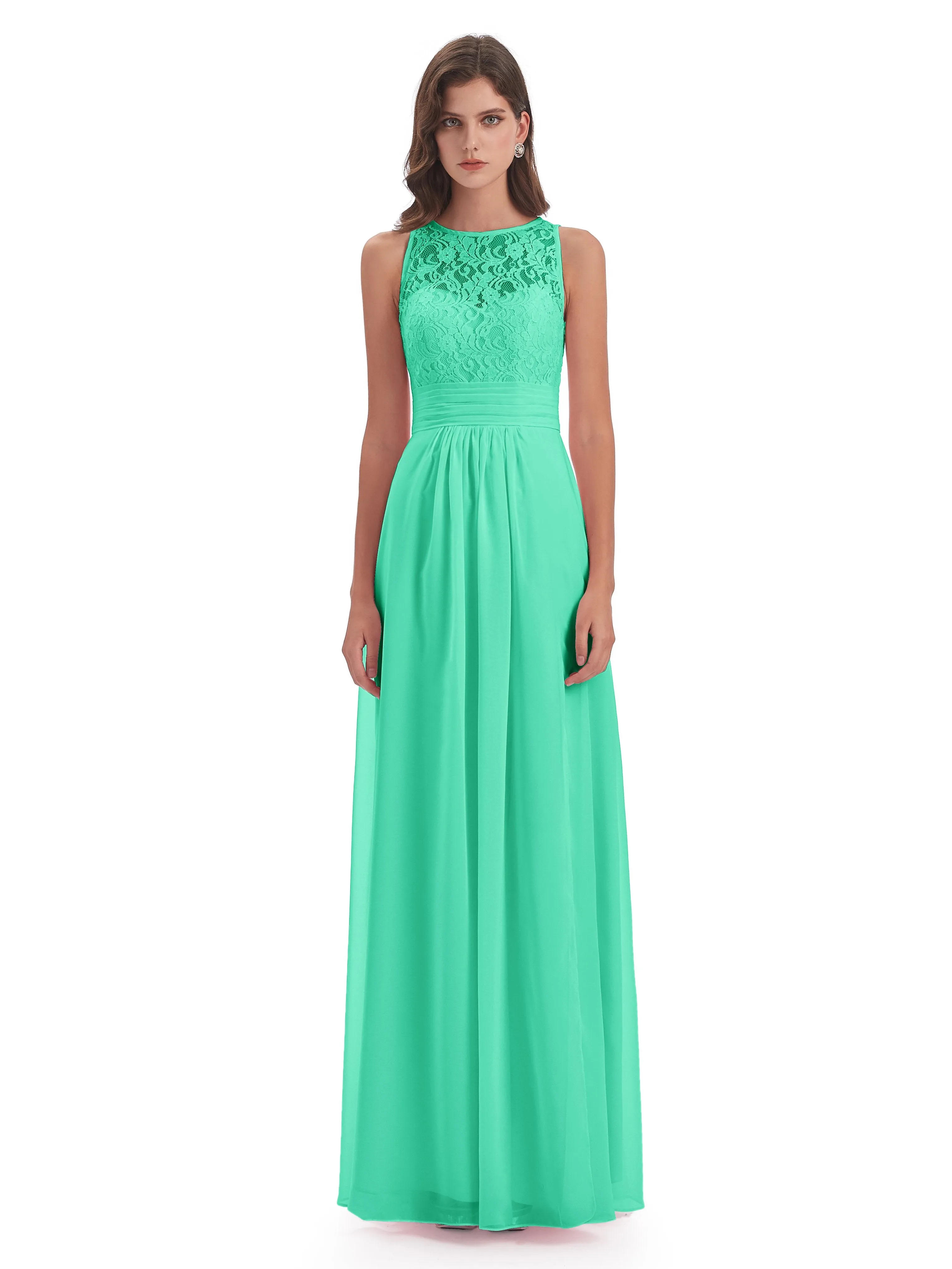 Bonnie Lace/Chiffon Sheath Keyhole Long Bridesmaid Dresses