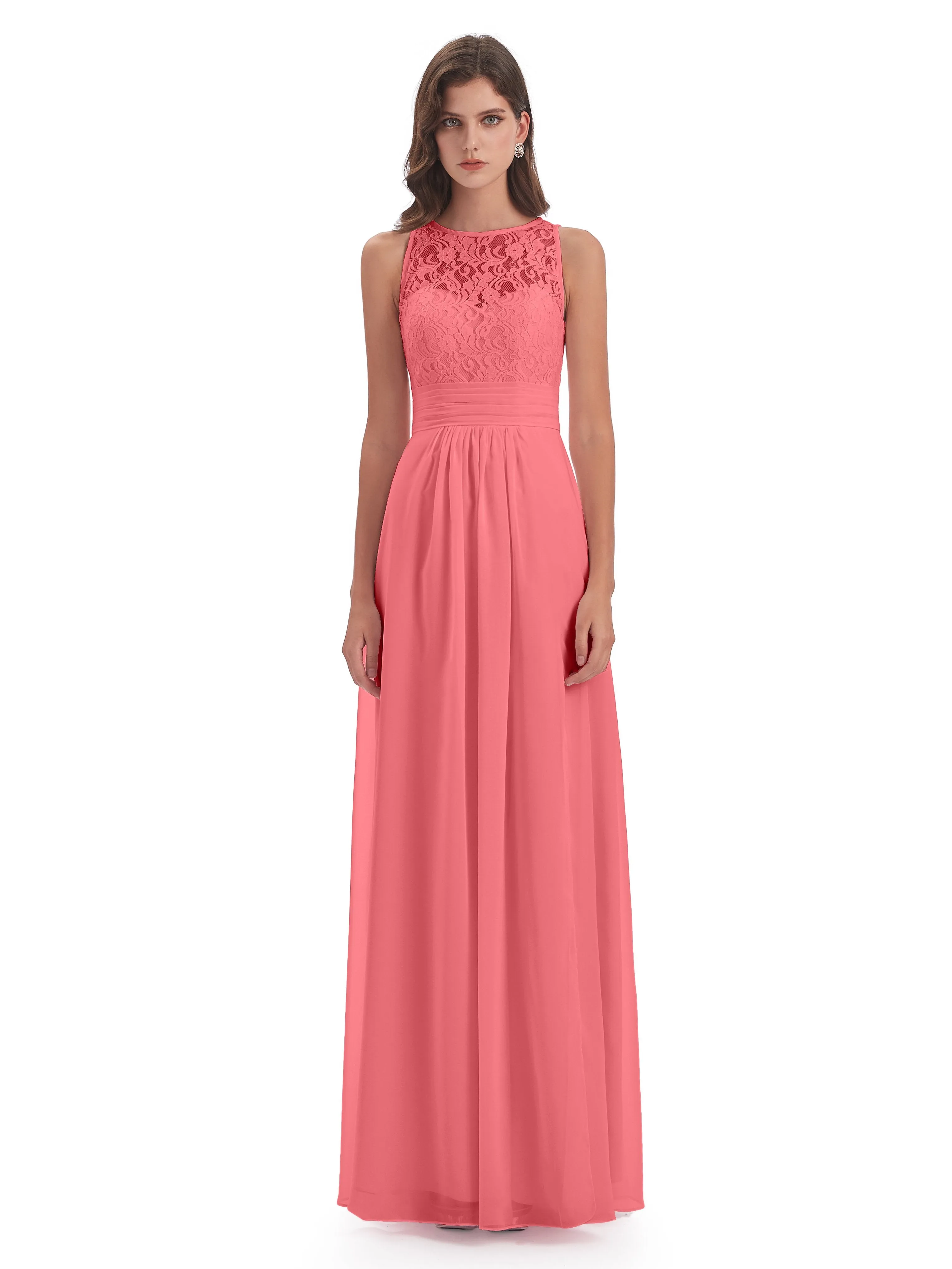 Bonnie Lace/Chiffon Sheath Keyhole Long Bridesmaid Dresses