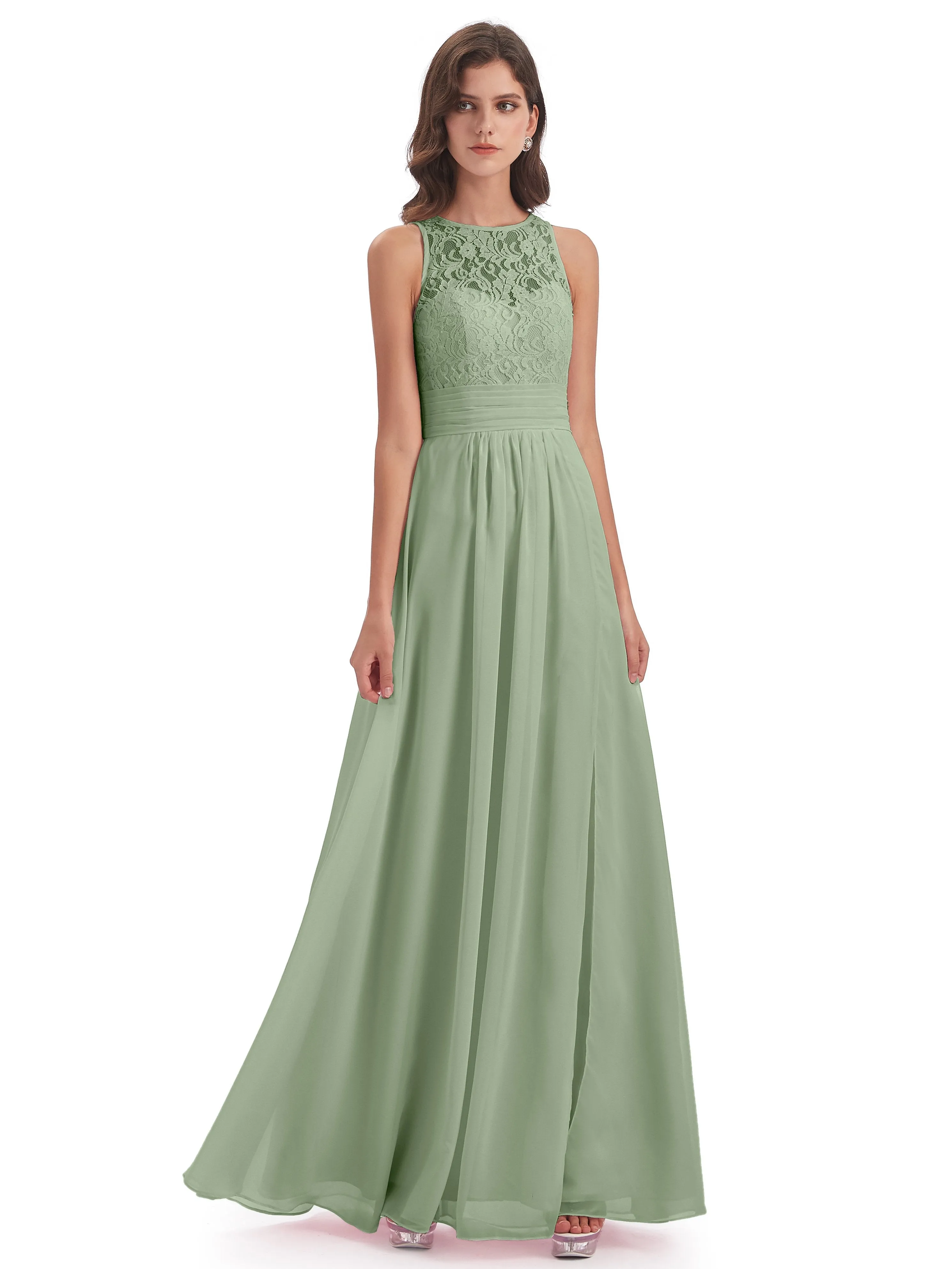 Bonnie Lace/Chiffon Sheath Keyhole Long Bridesmaid Dresses