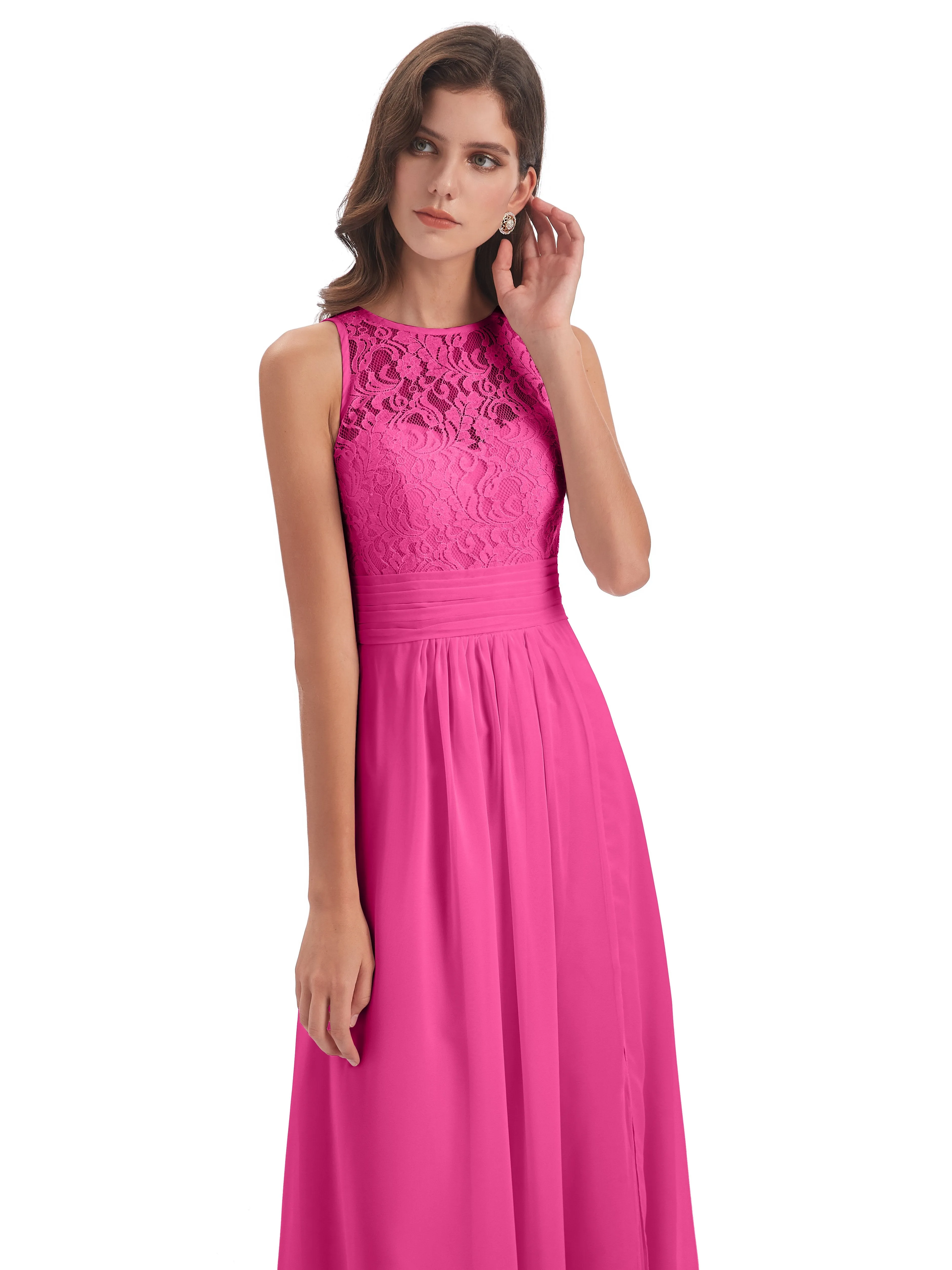 Bonnie Lace/Chiffon Sheath Keyhole Long Bridesmaid Dresses