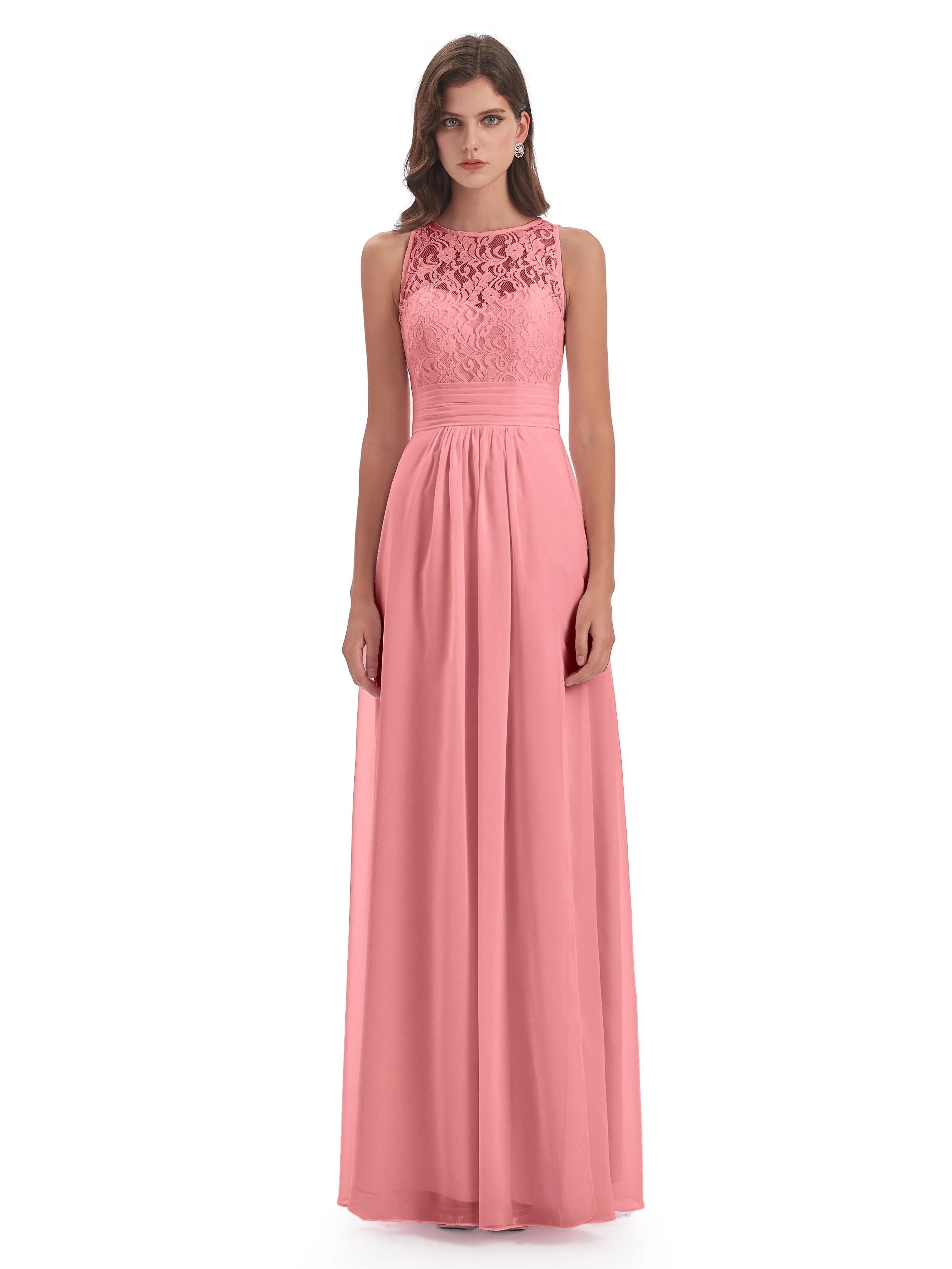 Bonnie Lace/Chiffon Sheath Keyhole Long Bridesmaid Dresses