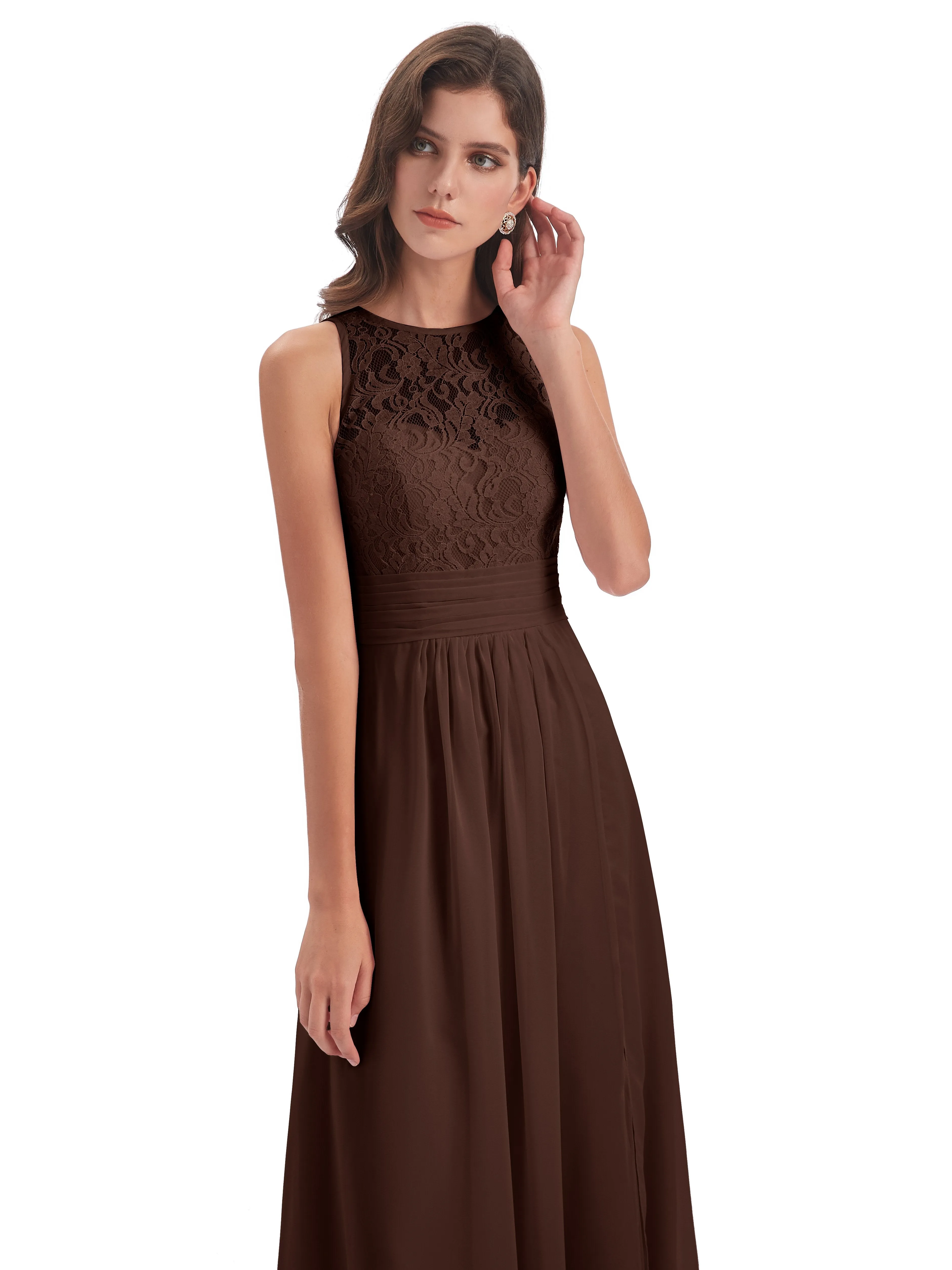 Bonnie Lace/Chiffon Sheath Keyhole Long Bridesmaid Dresses