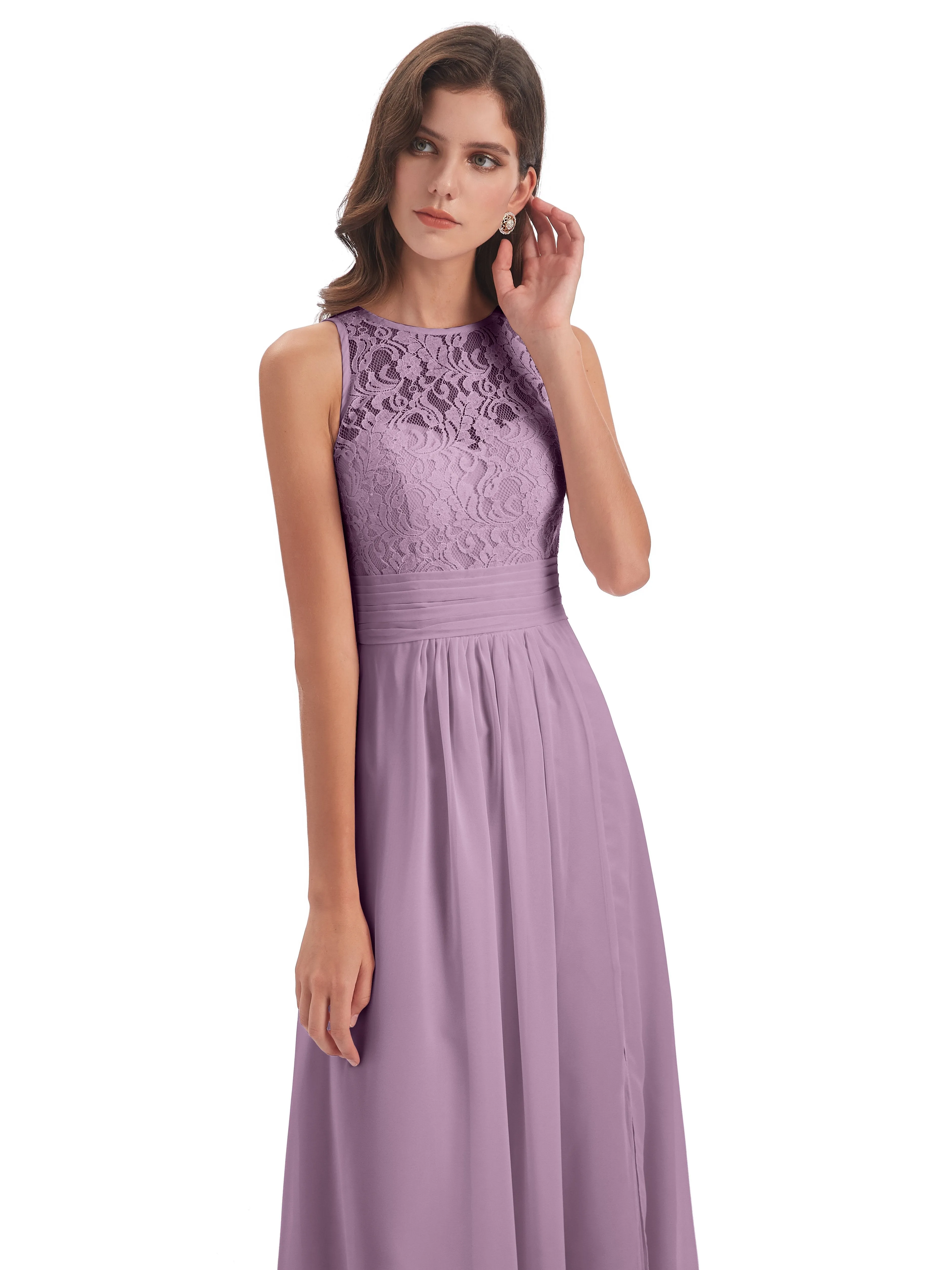 Bonnie Lace/Chiffon Sheath Keyhole Long Bridesmaid Dresses