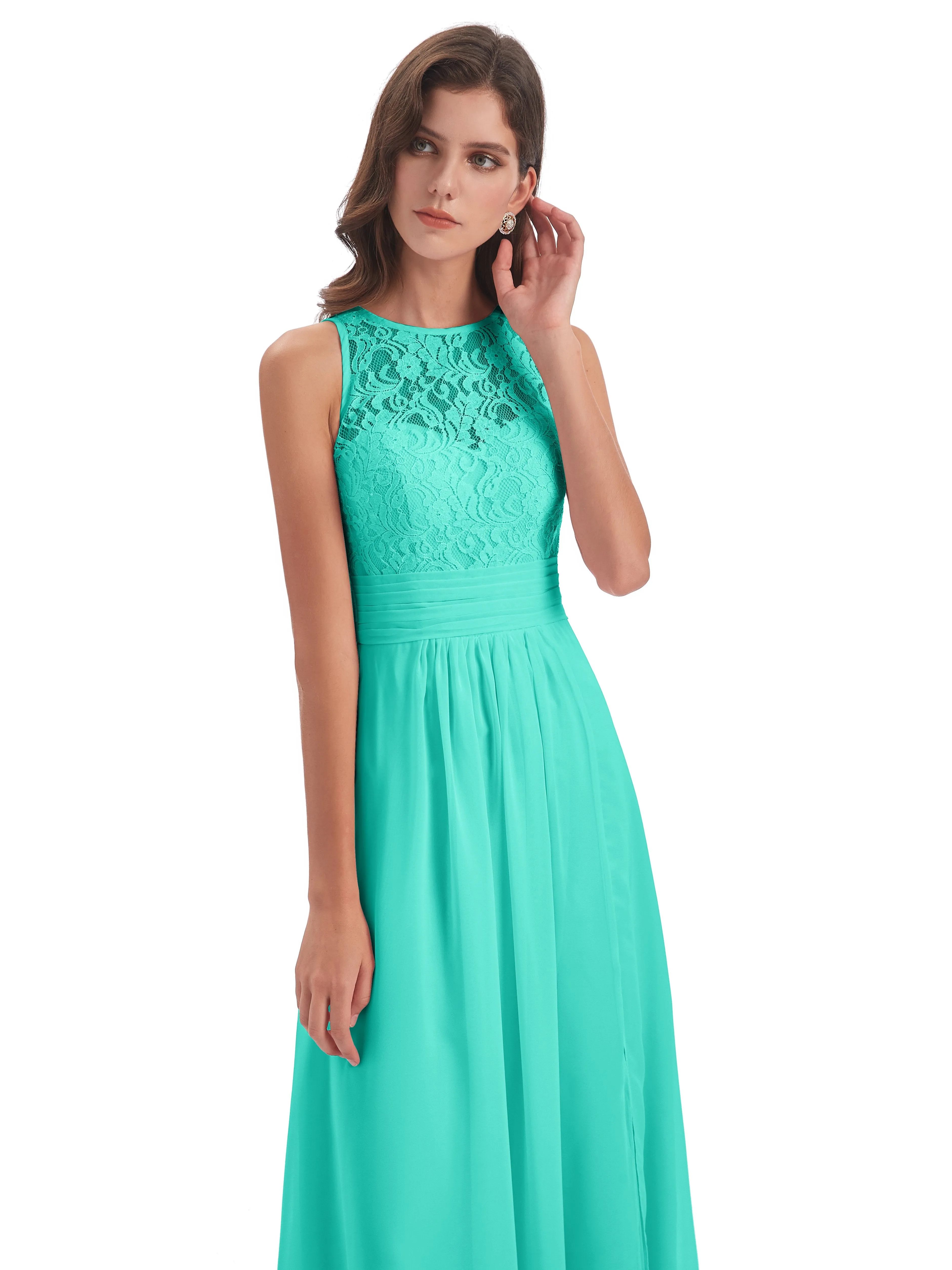 Bonnie Lace/Chiffon Sheath Keyhole Long Bridesmaid Dresses