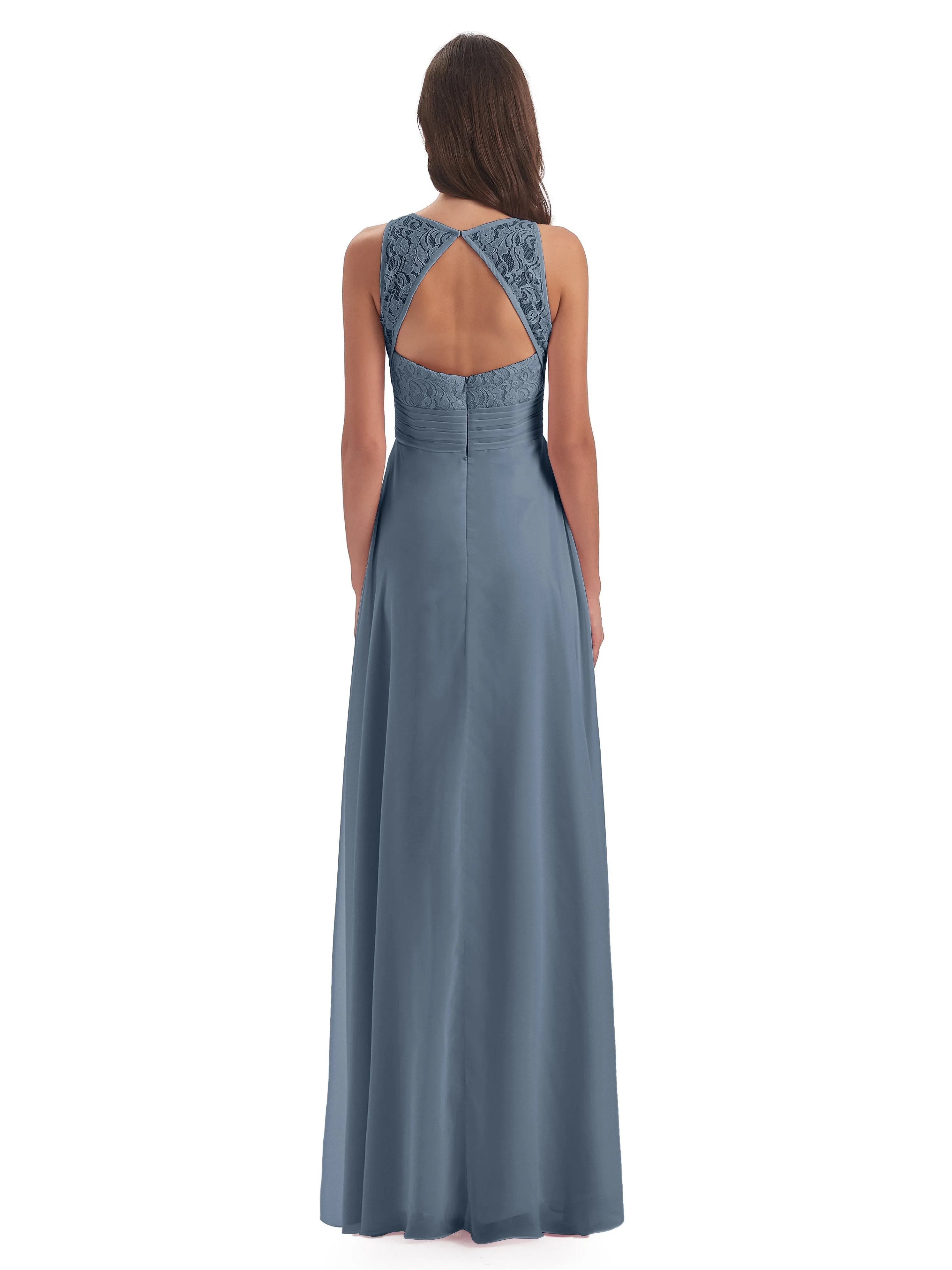 Bonnie Lace/Chiffon Sheath Keyhole Long Bridesmaid Dresses