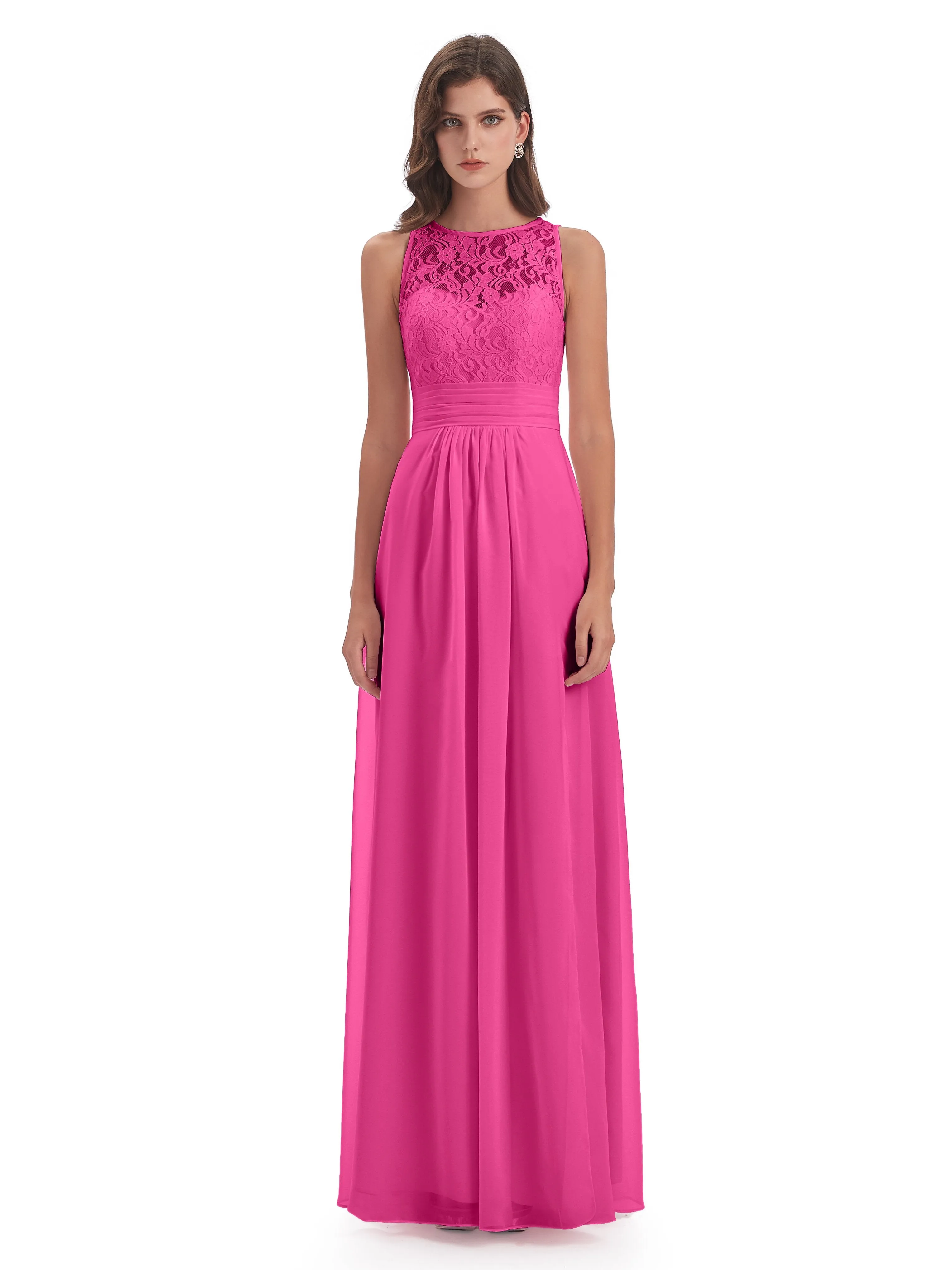 Bonnie Lace/Chiffon Sheath Keyhole Long Bridesmaid Dresses