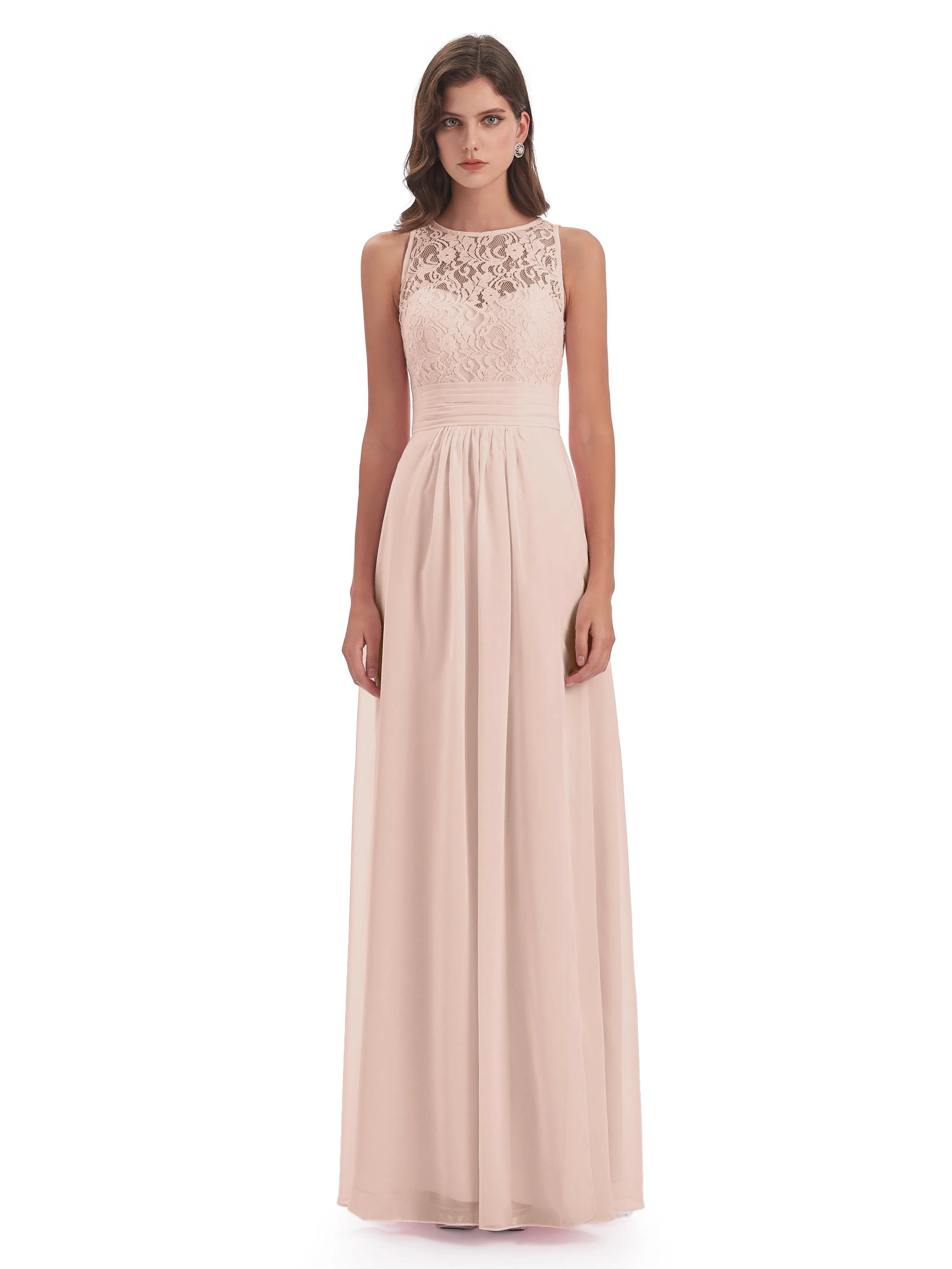 Bonnie Lace/Chiffon Sheath Keyhole Long Bridesmaid Dresses