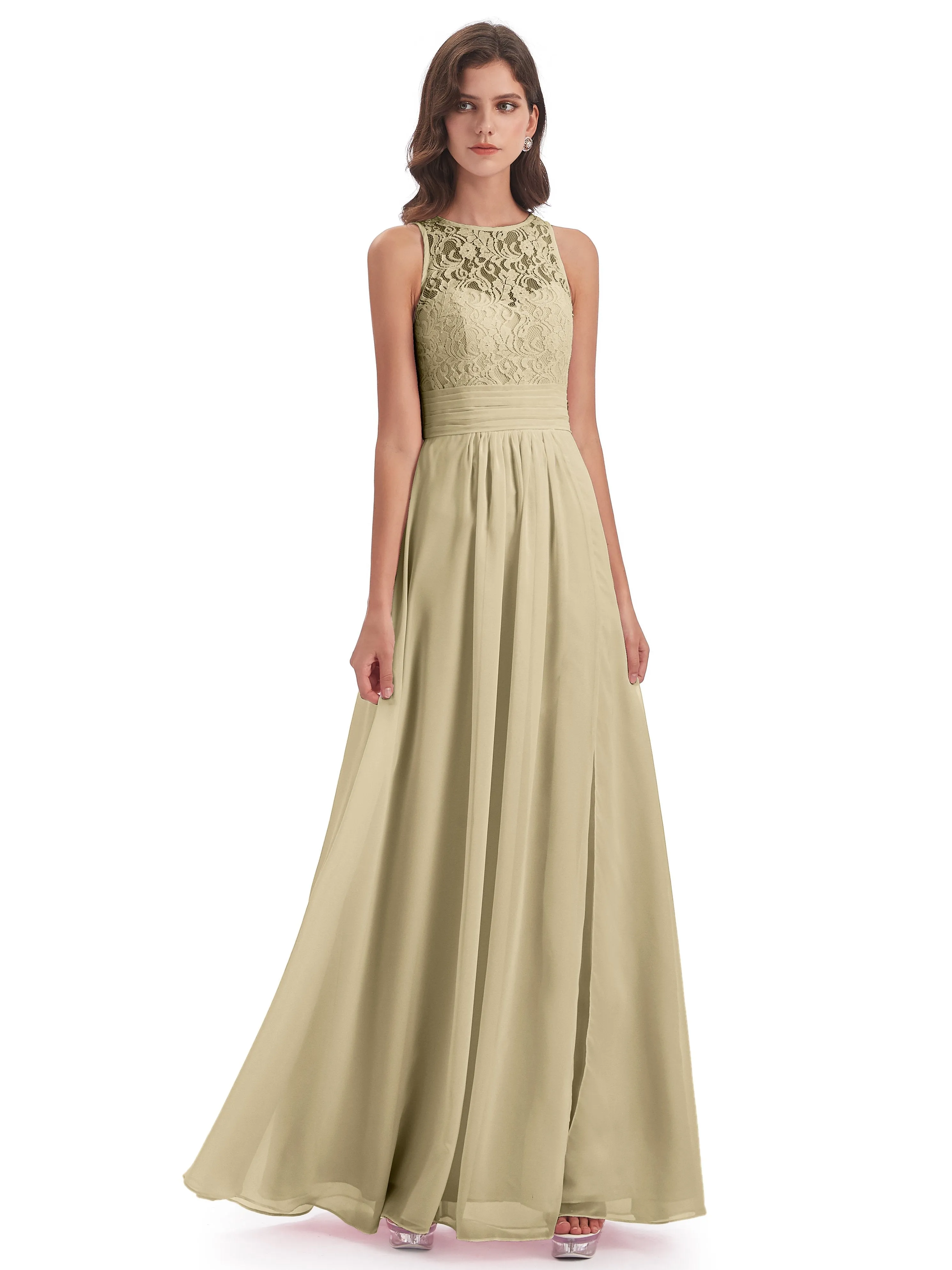 Bonnie Lace/Chiffon Sheath Keyhole Long Bridesmaid Dresses