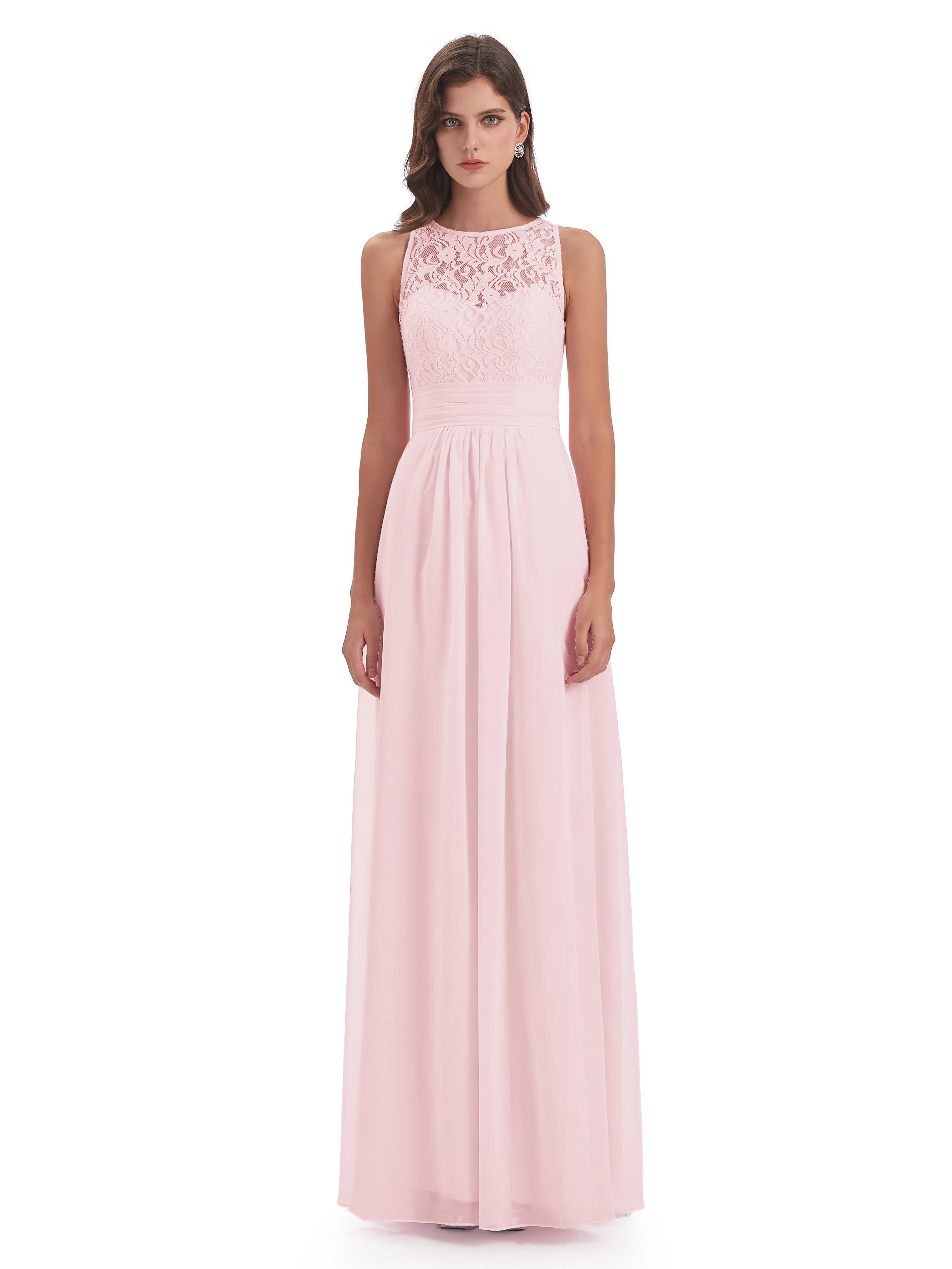 Bonnie Lace/Chiffon Sheath Keyhole Long Bridesmaid Dresses