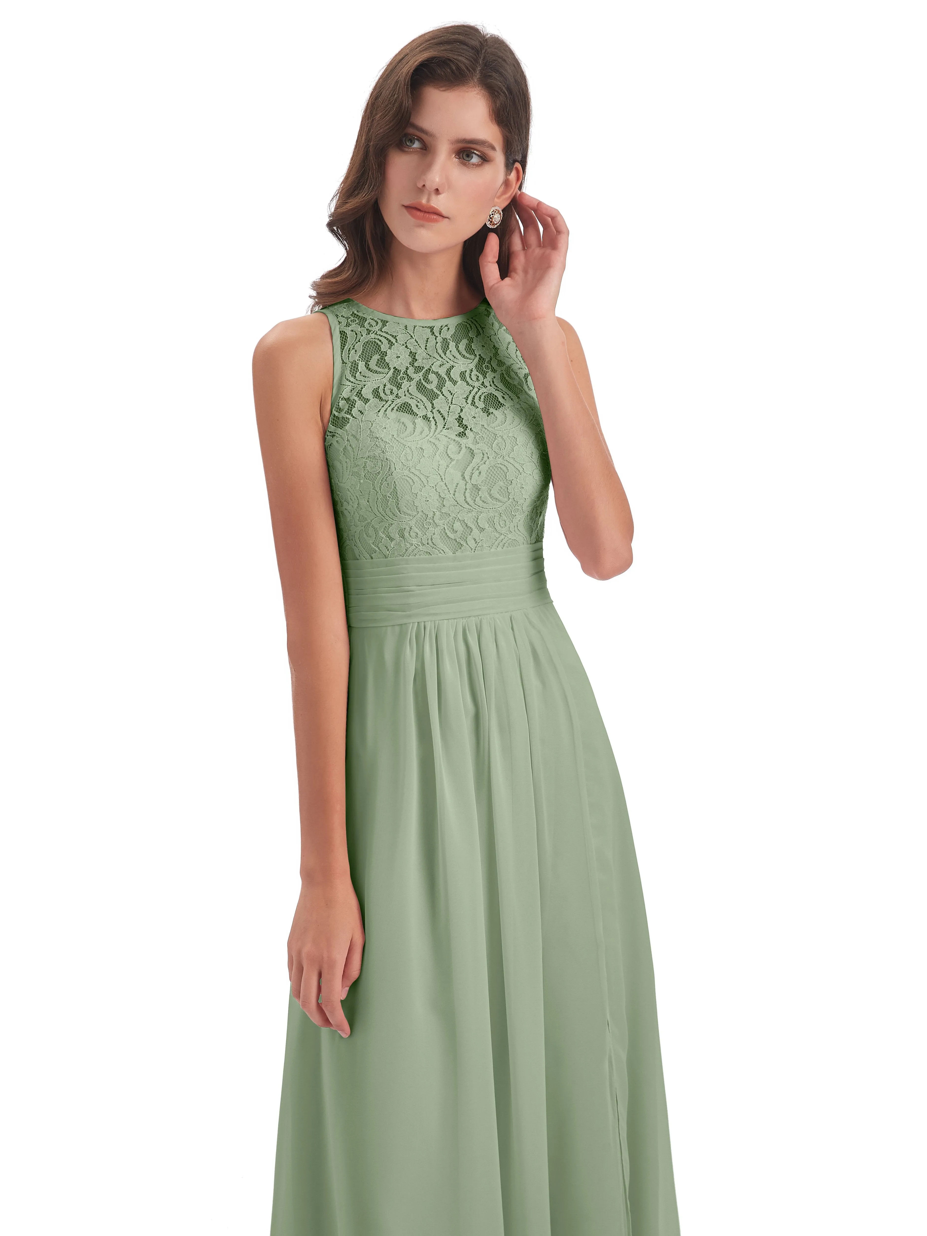 Bonnie Lace/Chiffon Sheath Keyhole Long Bridesmaid Dresses