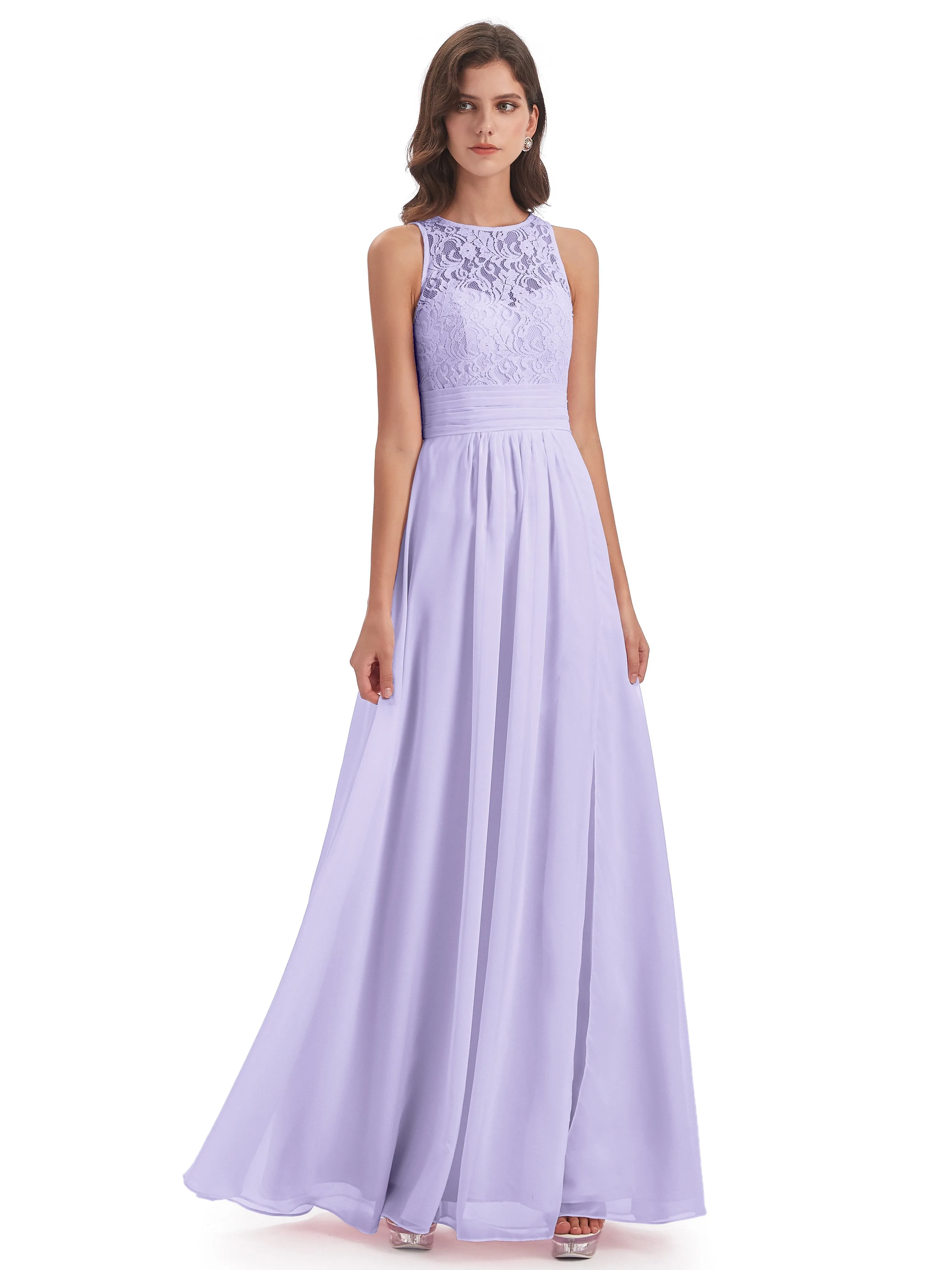 Bonnie Lace/Chiffon Sheath Keyhole Long Bridesmaid Dresses