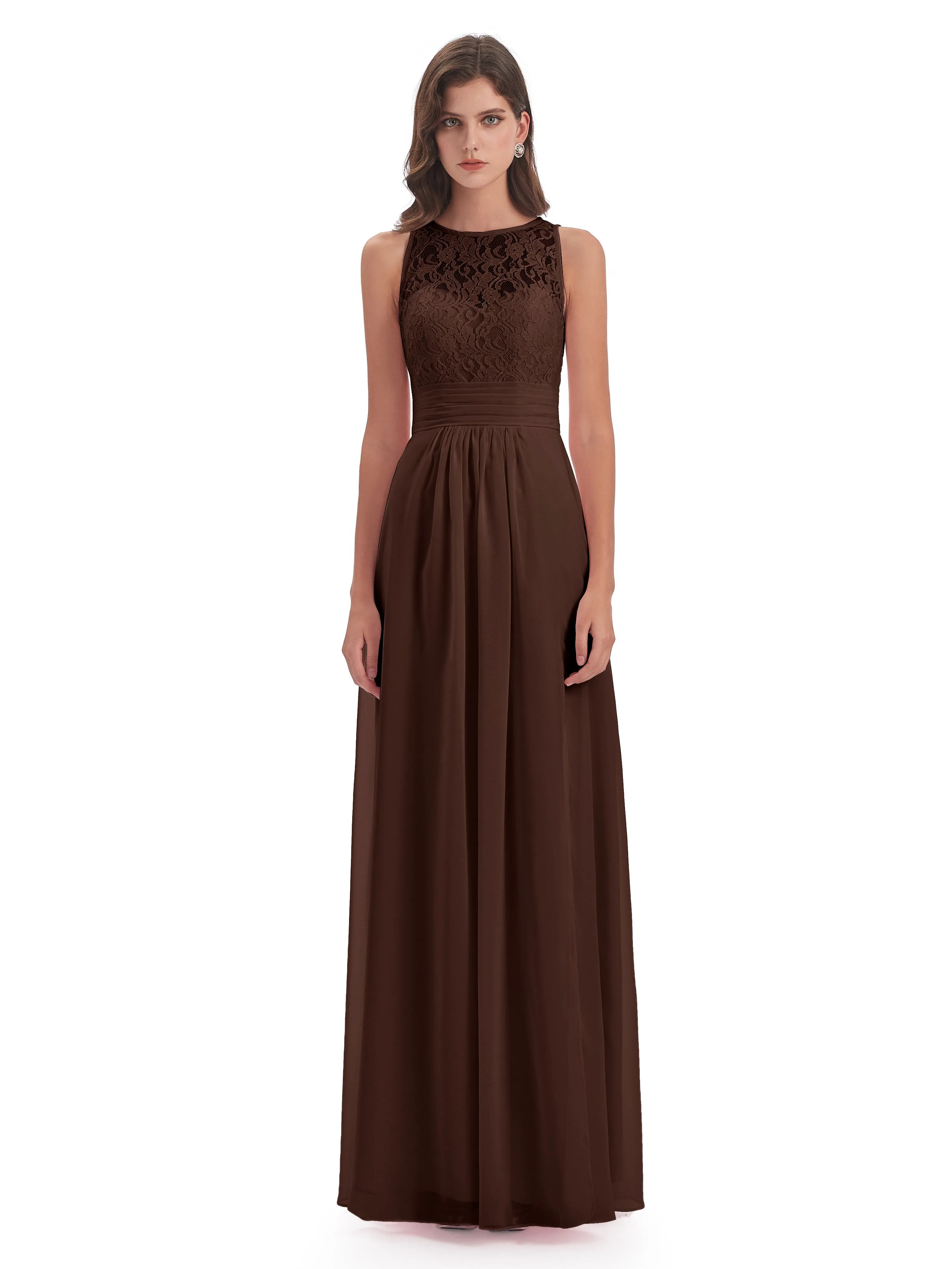 Bonnie Lace/Chiffon Sheath Keyhole Long Bridesmaid Dresses