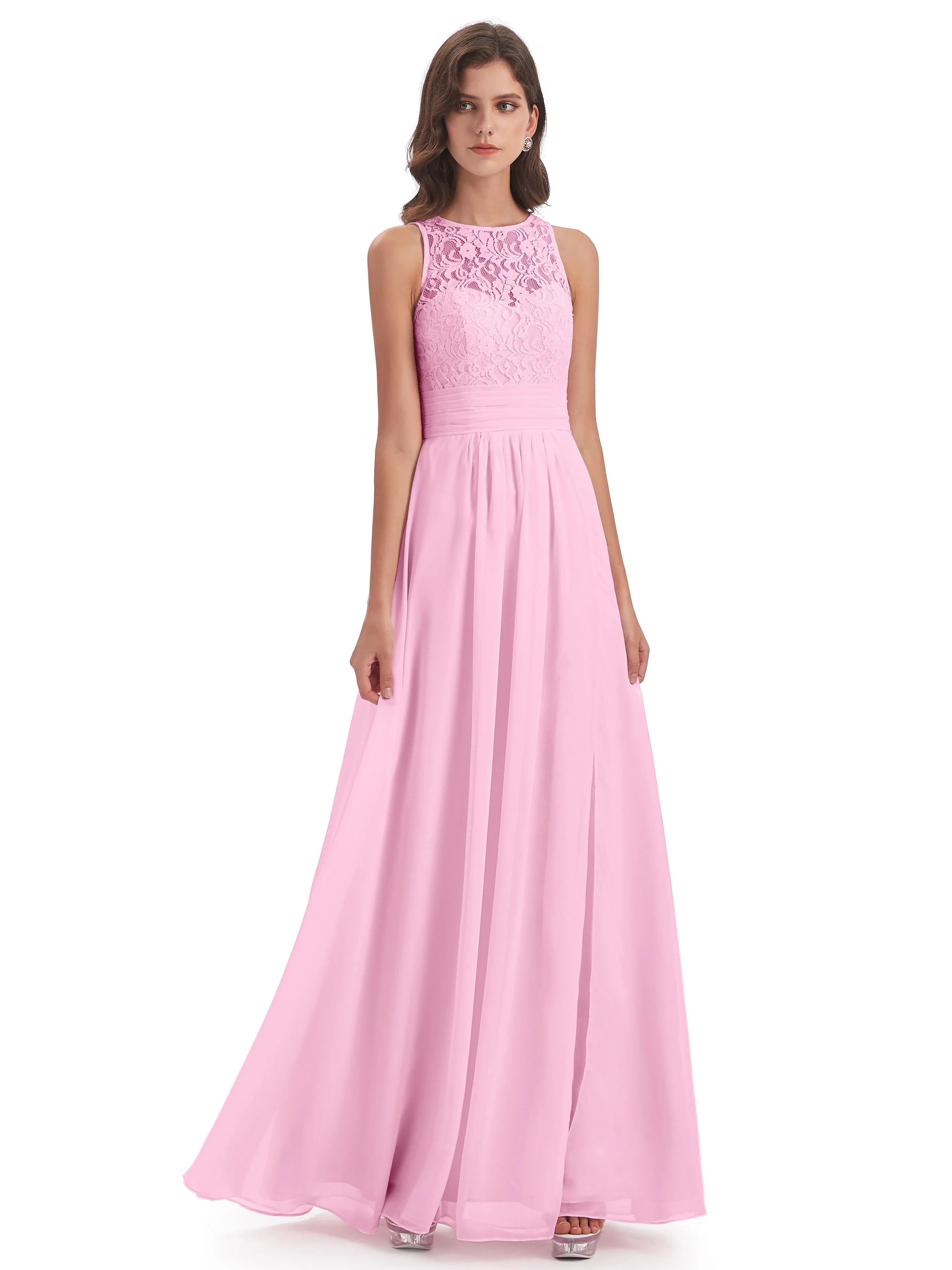 Bonnie Lace/Chiffon Sheath Keyhole Long Bridesmaid Dresses